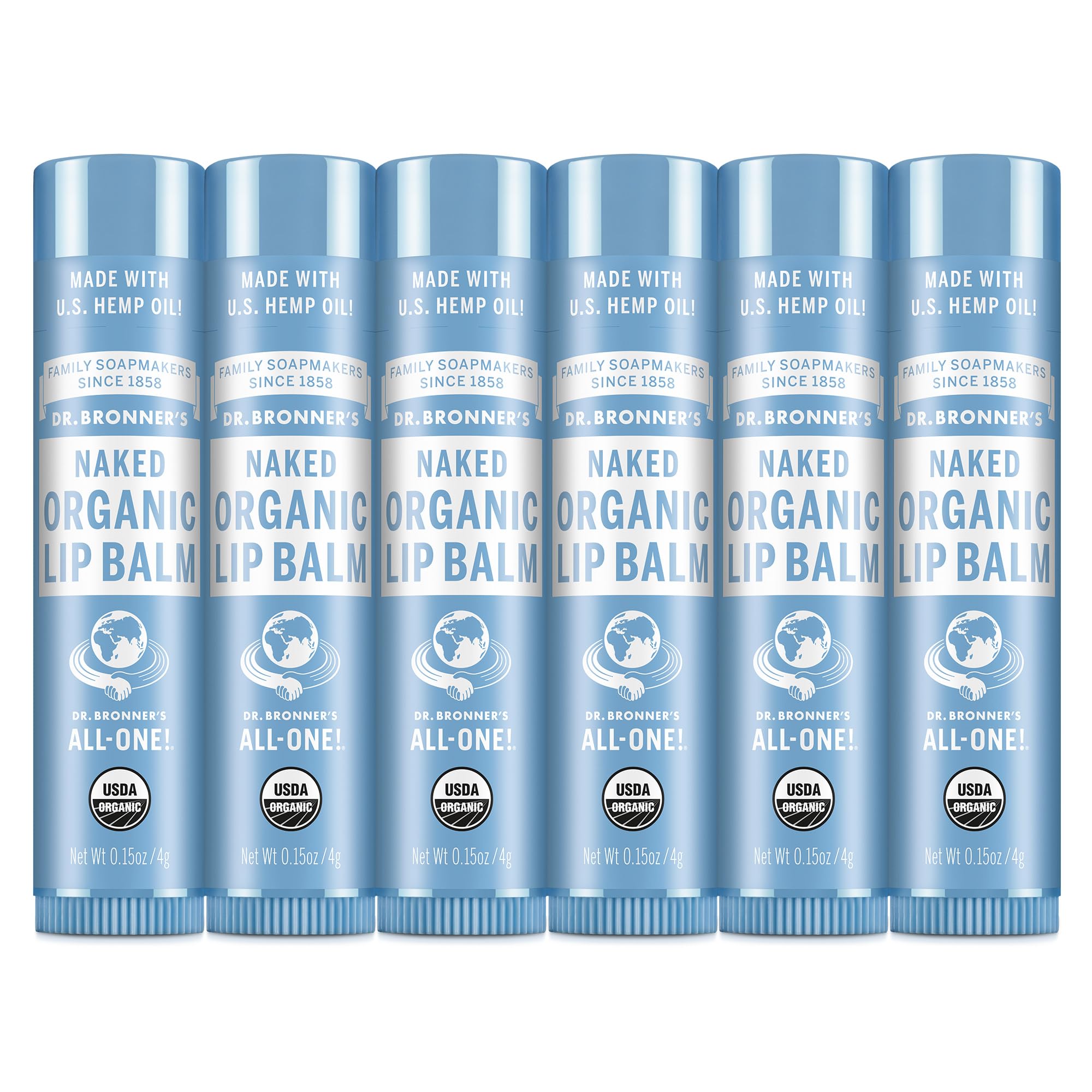 Dr. Bronner’s frontal del paquete mostrando seis bálsamos, hidratación portátil