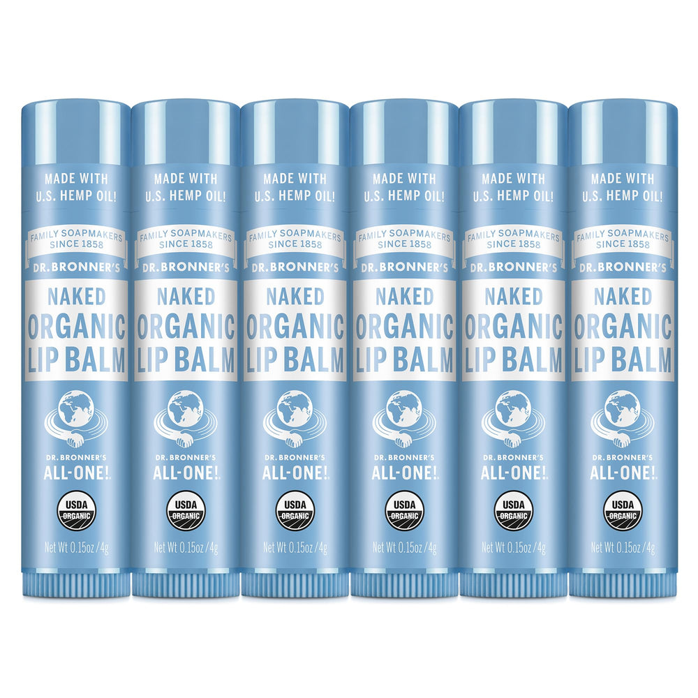 Dr. Bronner’s frontal del paquete mostrando seis bálsamos, hidratación portátil