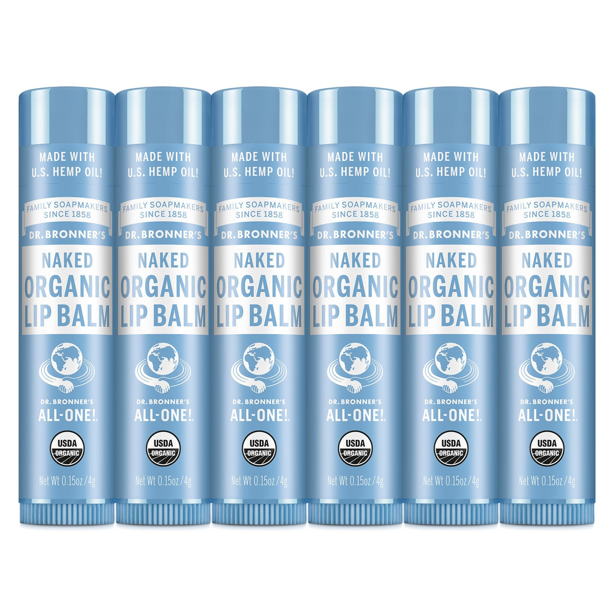 Dr. Bronner’s frontal del paquete mostrando seis bálsamos, hidratación portátil