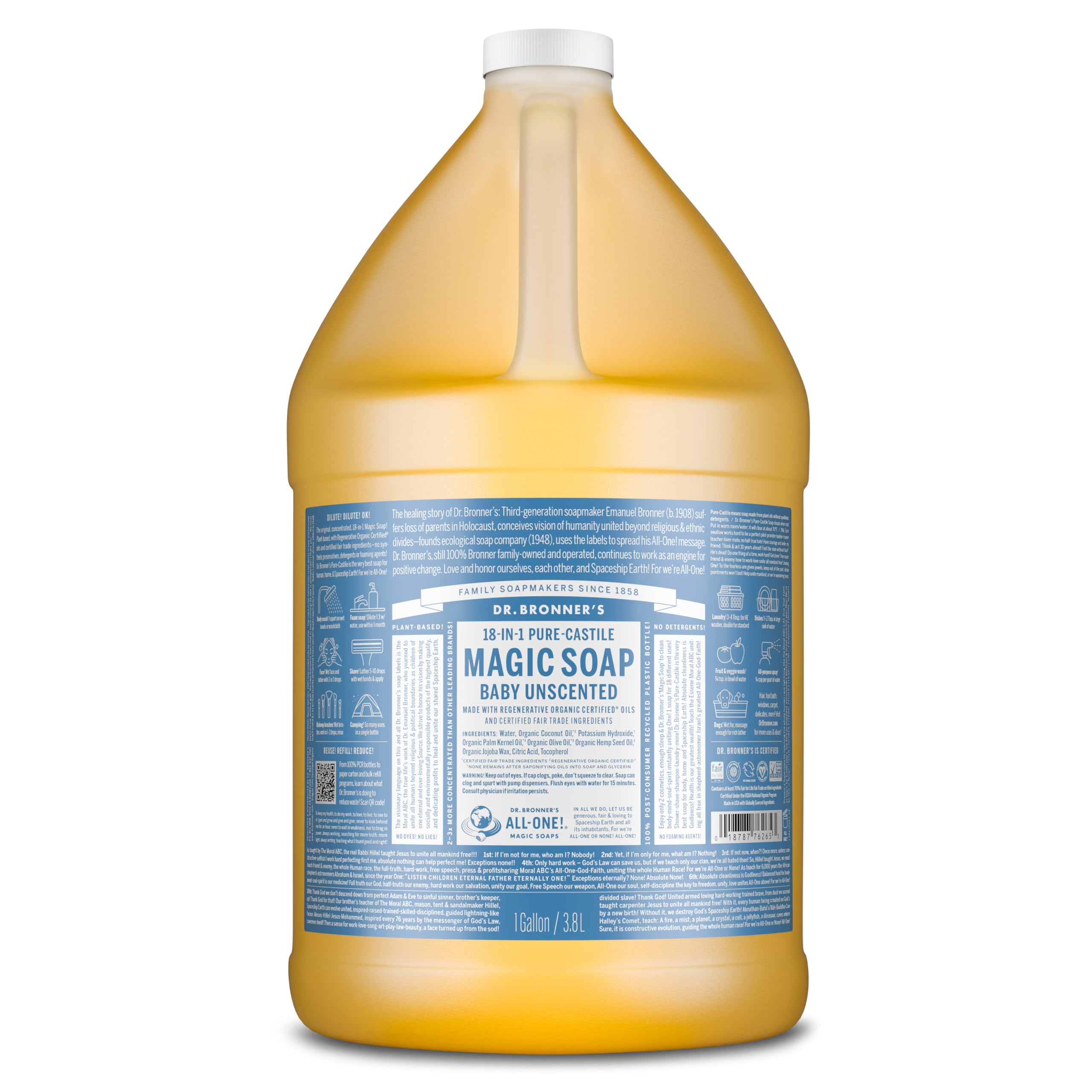 Dr. Bronner's galón frente mostrando envase grande y ahorro