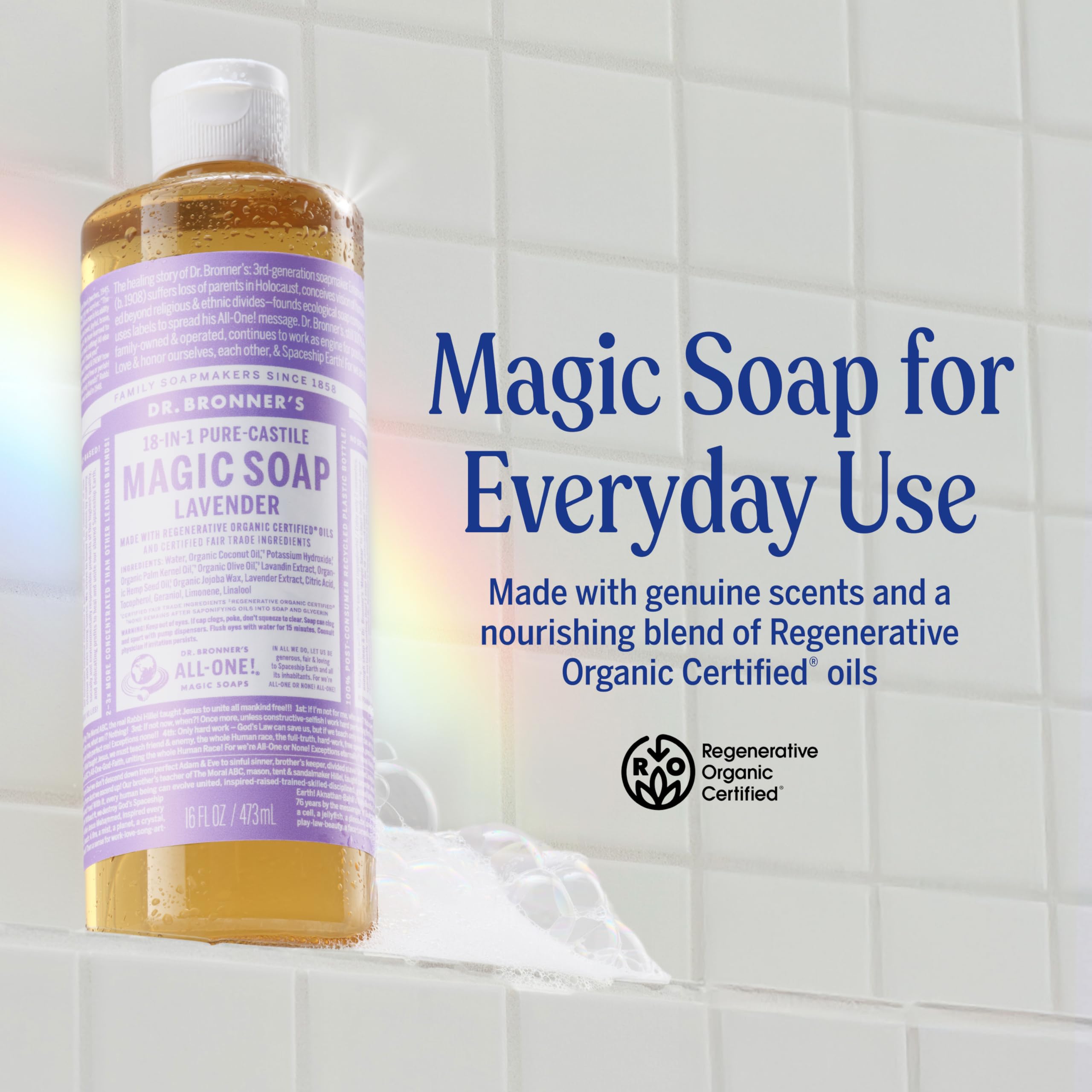 Dr. Bronner's etiqueta con lista de ingredientes orgánicos y sello comercio justo