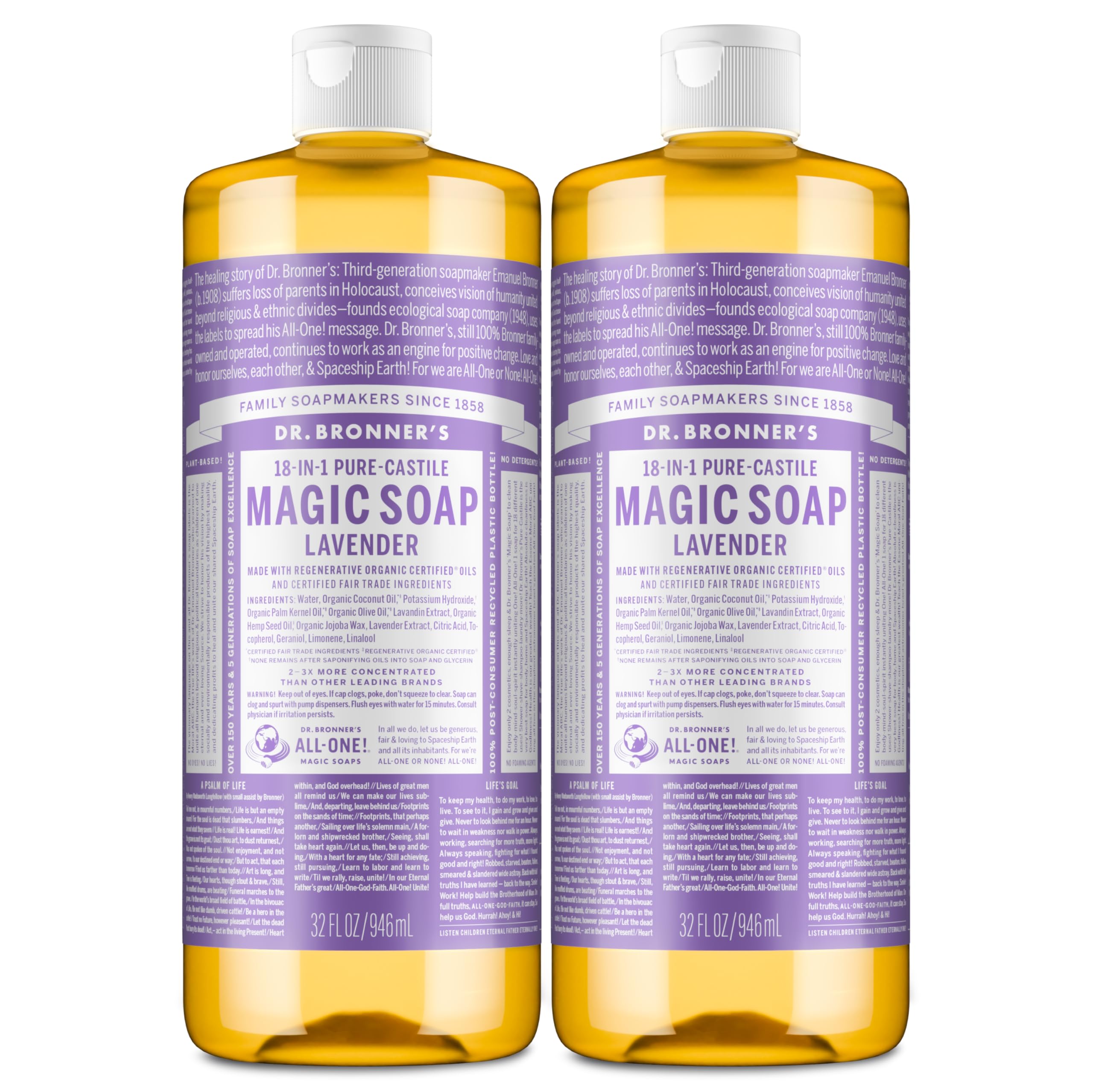 Dr. Bronner's botella frontal mostrando diseño y capacidad 32 oz, práctico y concentrado