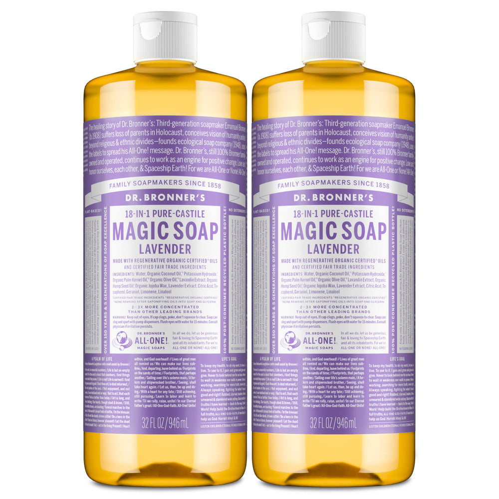 Dr. Bronner's botella frontal mostrando diseño y capacidad 32 oz, práctico y concentrado