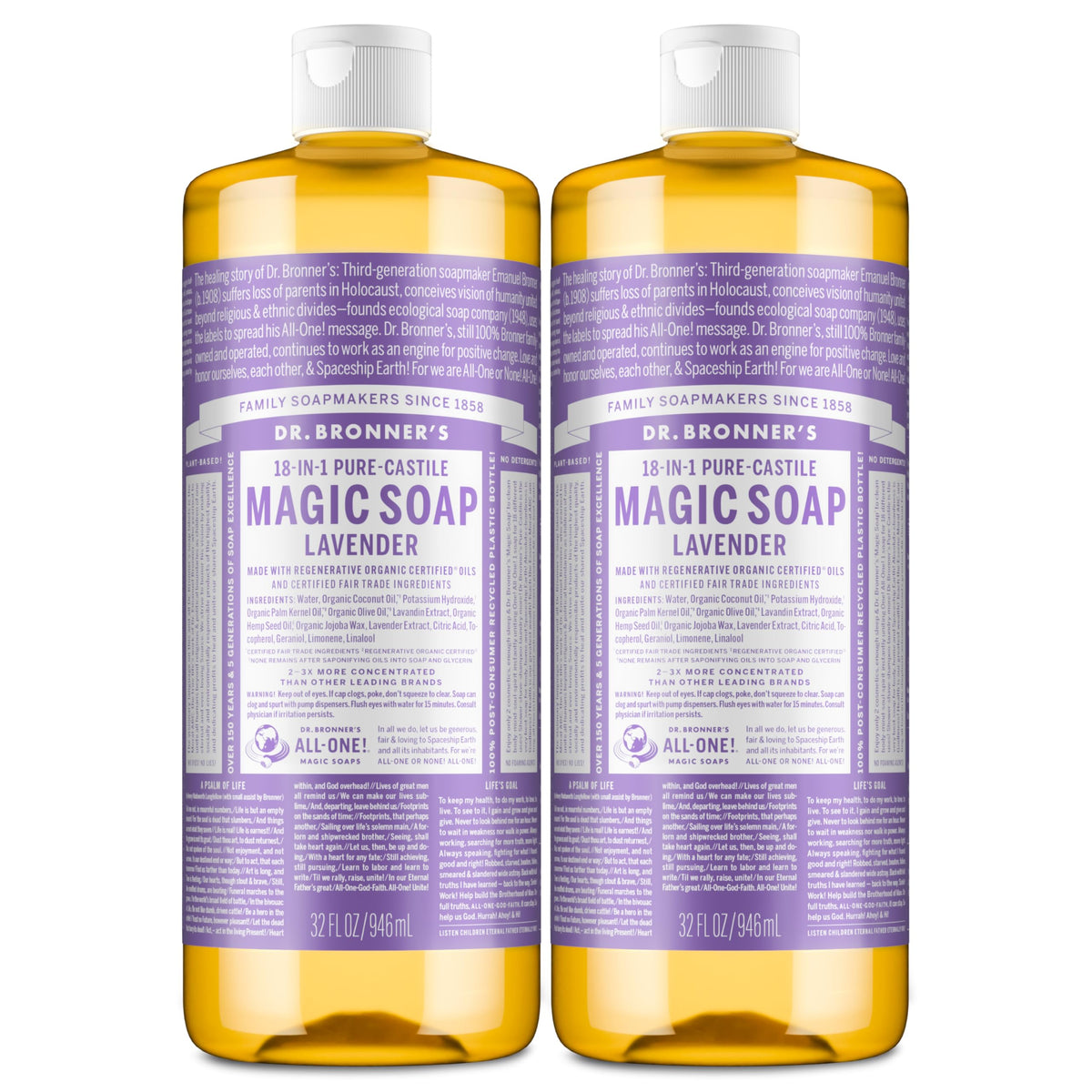 Dr. Bronner's botella frontal mostrando diseño y capacidad 32 oz, práctico y concentrado