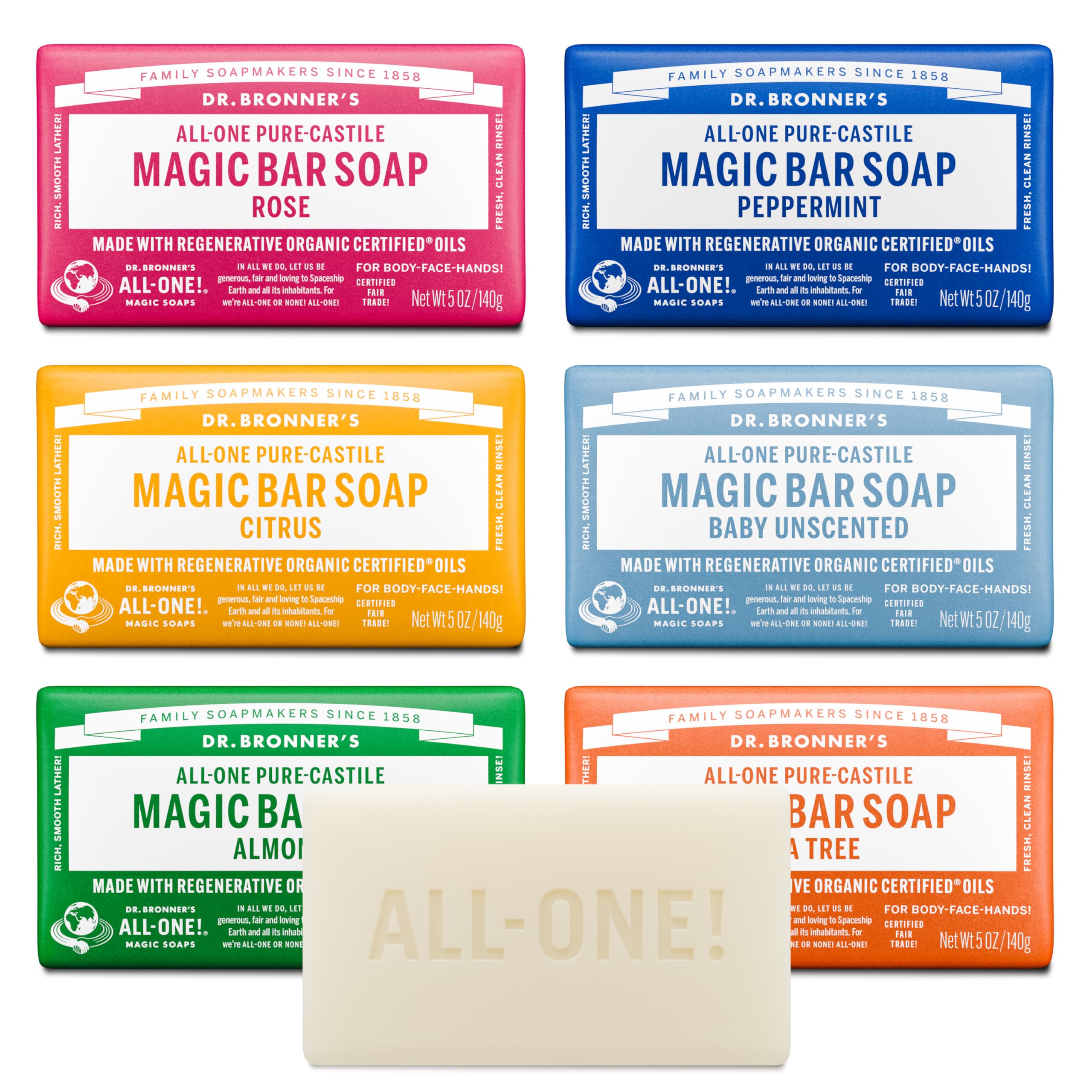 Dr. Bronner's pack frontal mostrando cinco barras variadas y beneficios sostenibles