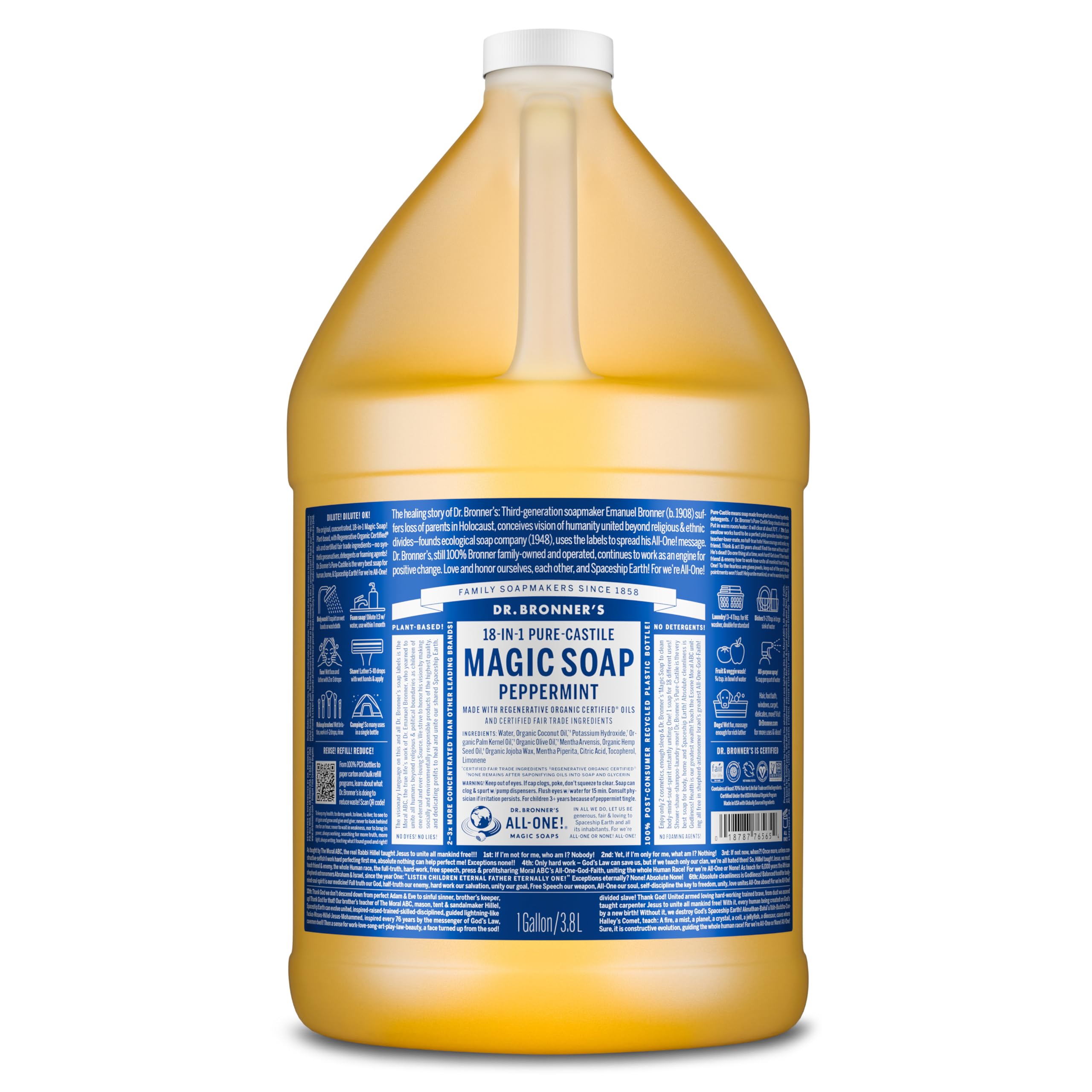 Dr. Bronner's frasco 1 galón vista frontal con beneficio ahorro