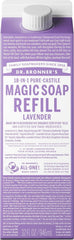 Dr. Bronner's recarga lavanda vista frontal y beneficios de ahorro de plástico
