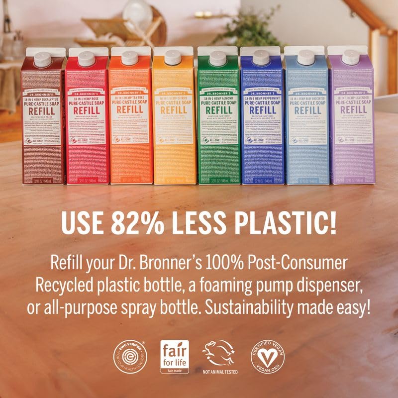Dr. Bronner's envase 32oz comparado con botella para medir rendimiento concentrado