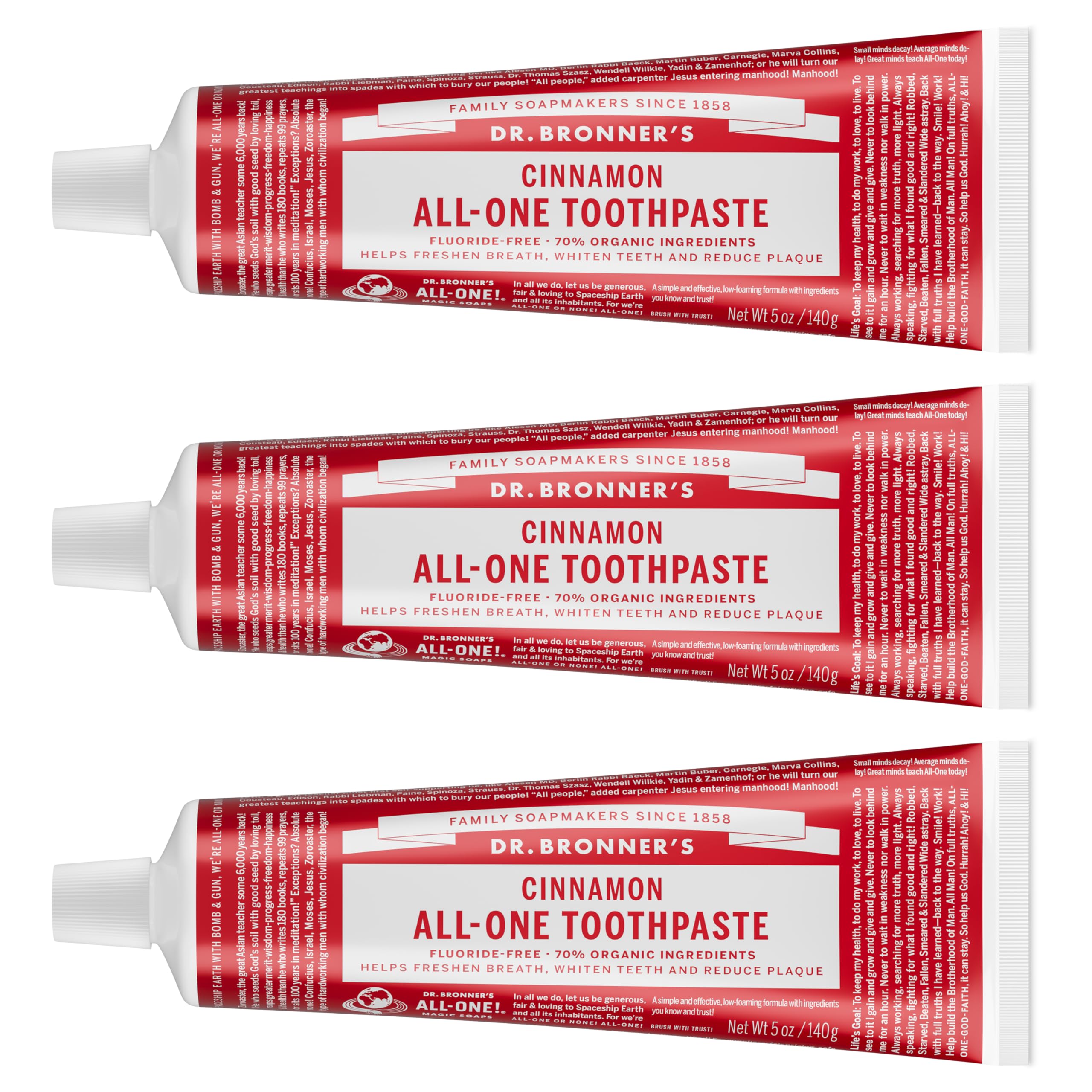 Dr. Bronner's tubo frontal canela mostrando envase y beneficio limpieza natural