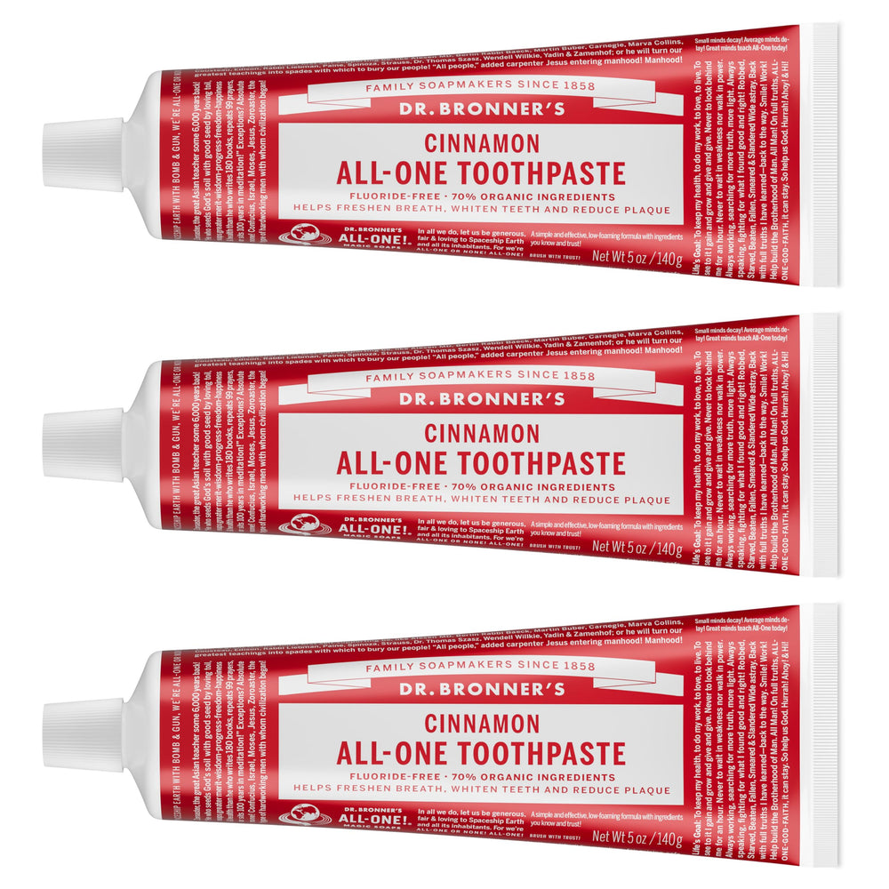 Dr. Bronner's tubo frontal canela mostrando envase y beneficio limpieza natural