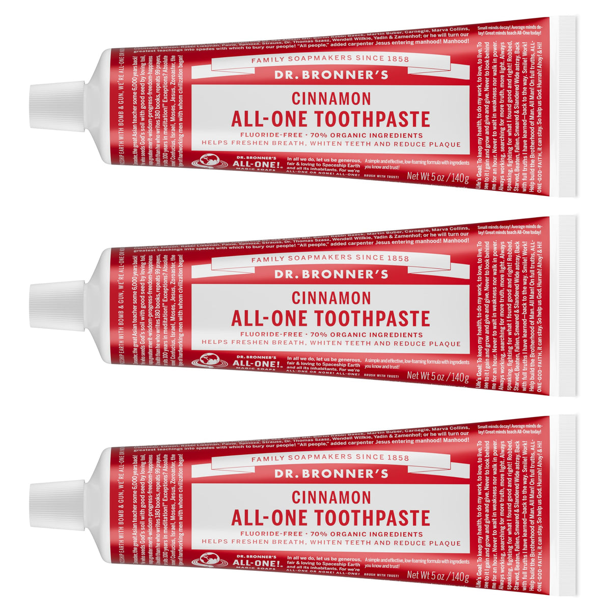 Dr. Bronner's tubo frontal canela mostrando envase y beneficio limpieza natural