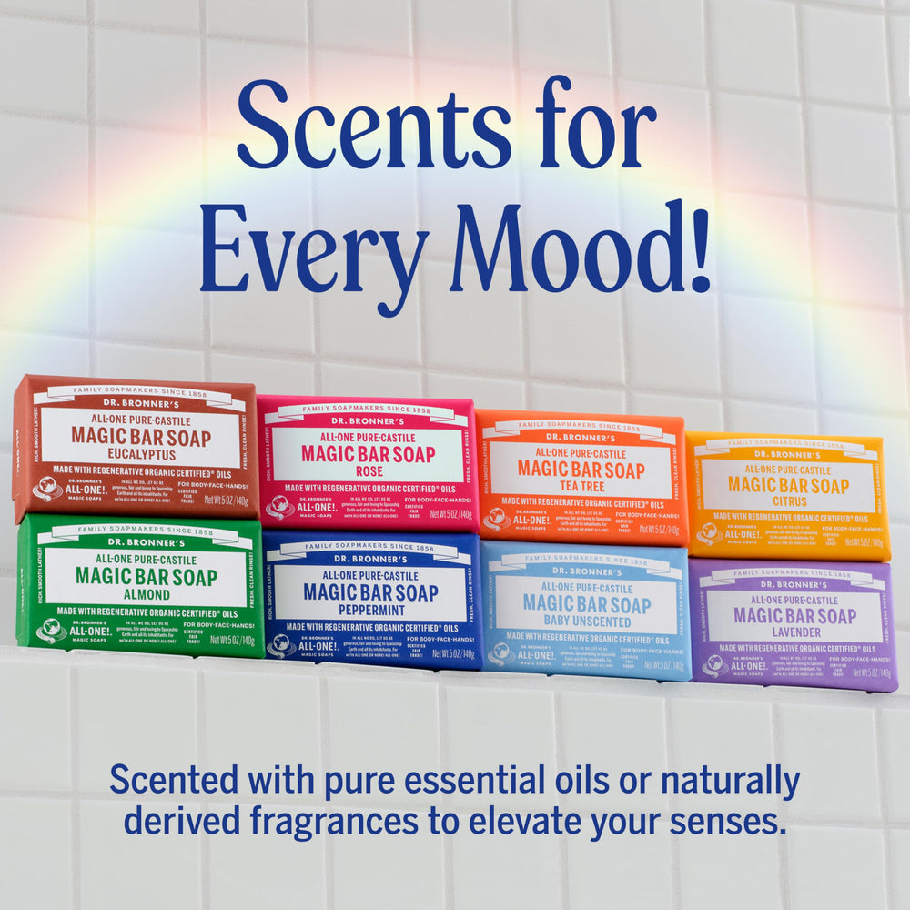 Dr. Bronner's envoltorio reciclado postconsumo destacando sostenibilidad