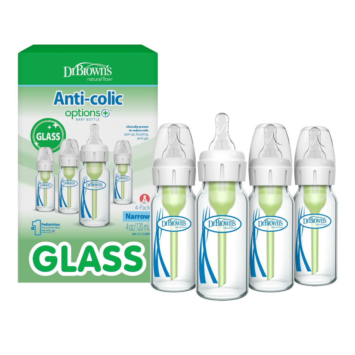 Dr. Brown's vista frontal del pack de 4 biberones, práctico para familias