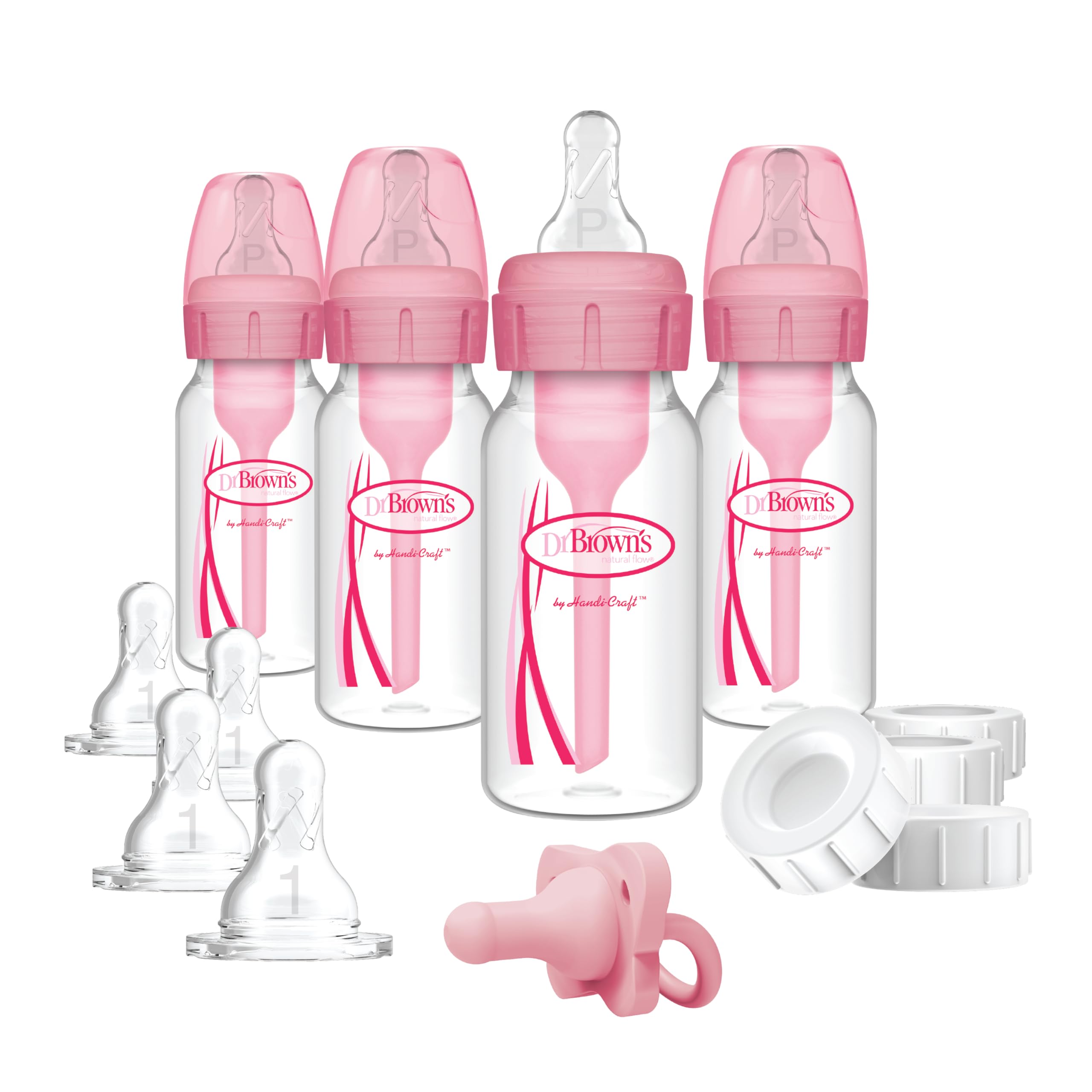 Dr. Brown's front packaging in pink showing complete feeding set benefits