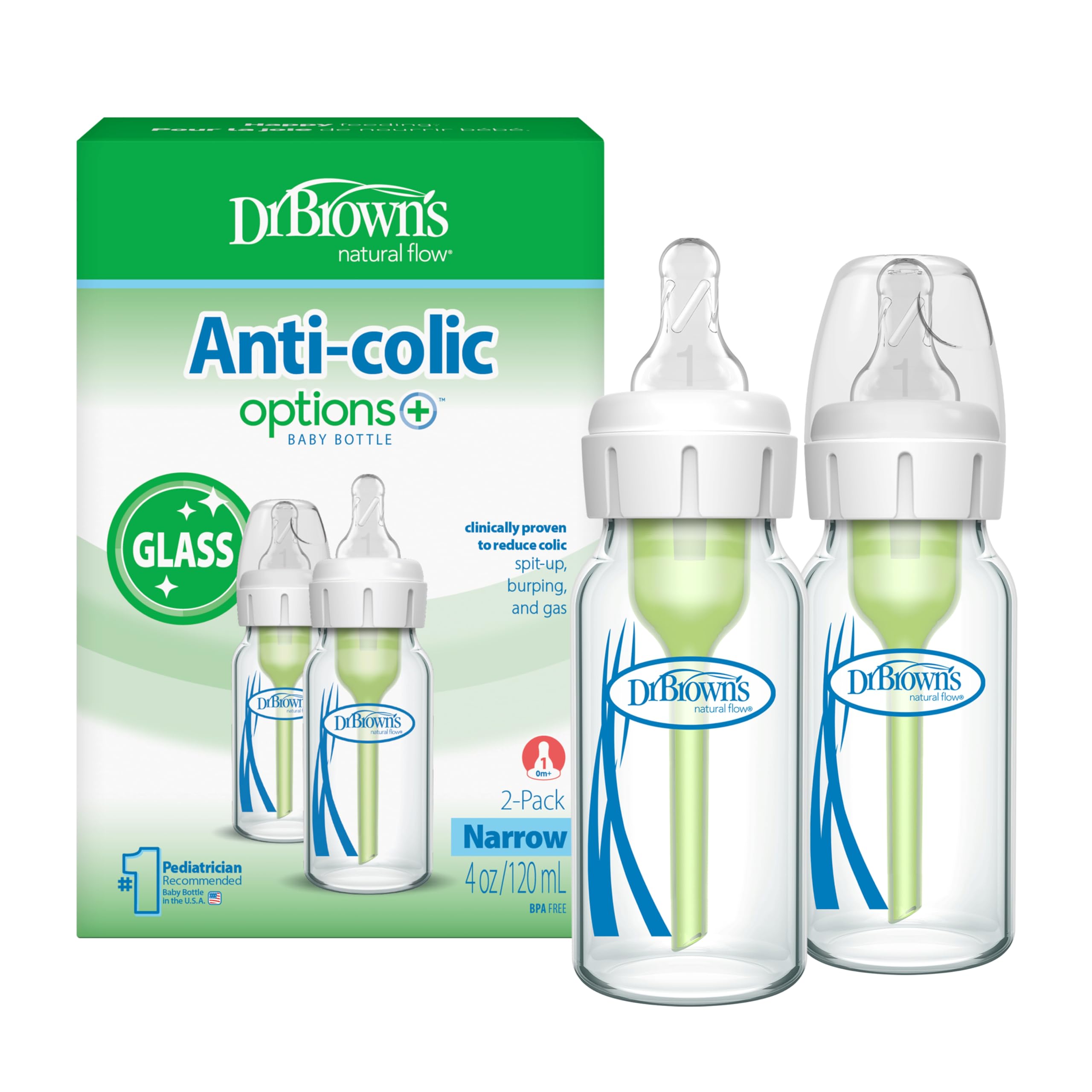 Dr. Brown's botella frontal 4 oz mostrando diseño y pack, facilita elección