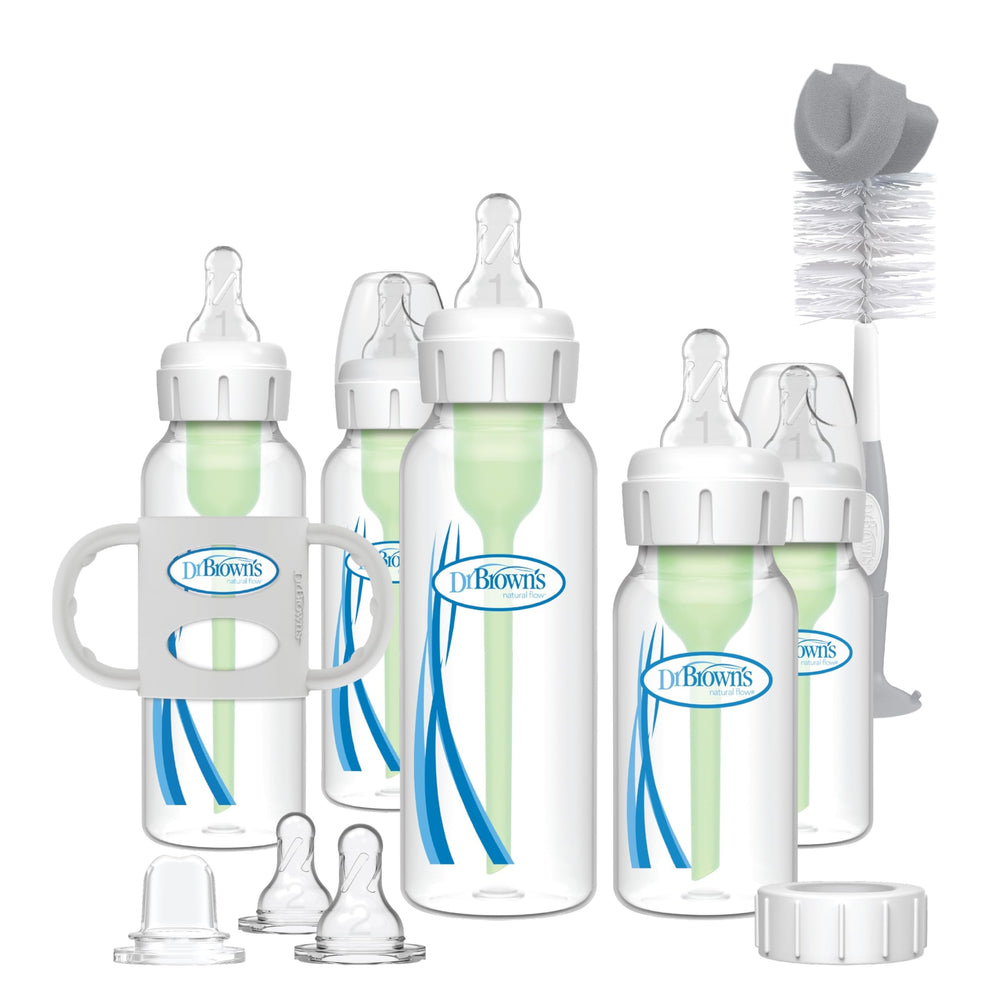 Dr. Brown's vista frontal del set regalo mostrando biberones y accesorios para comodidad