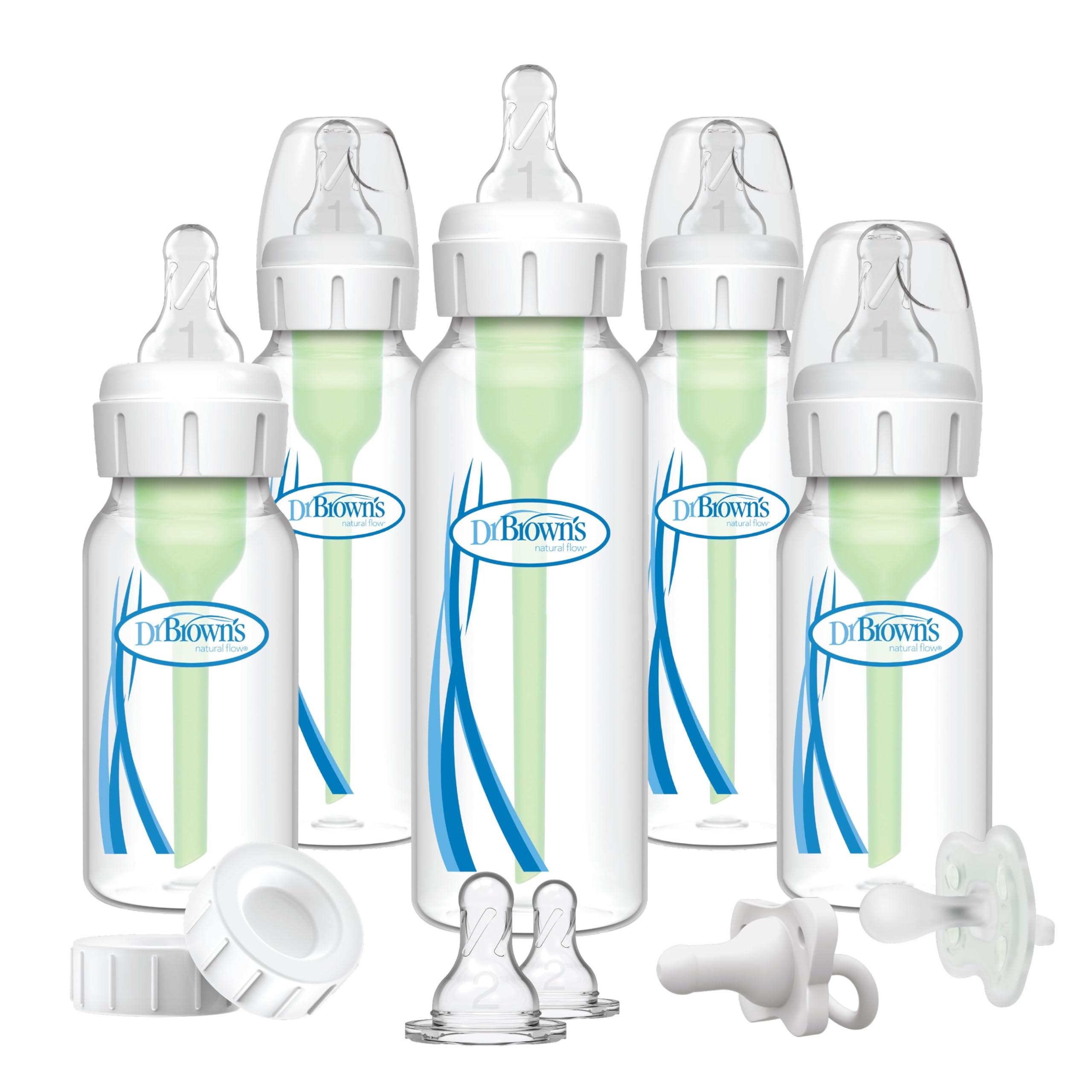 Dr. Brown's set frontal mostrando biberones y accesorios, ideal para regalar