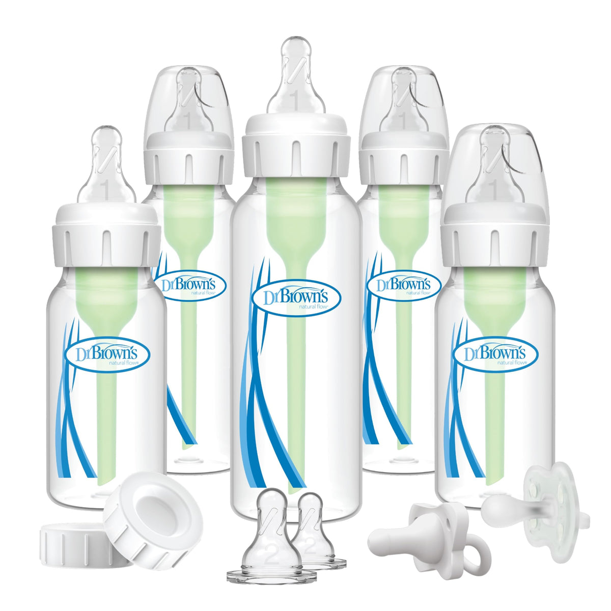 Dr. Brown's set frontal mostrando biberones y accesorios, ideal para regalar