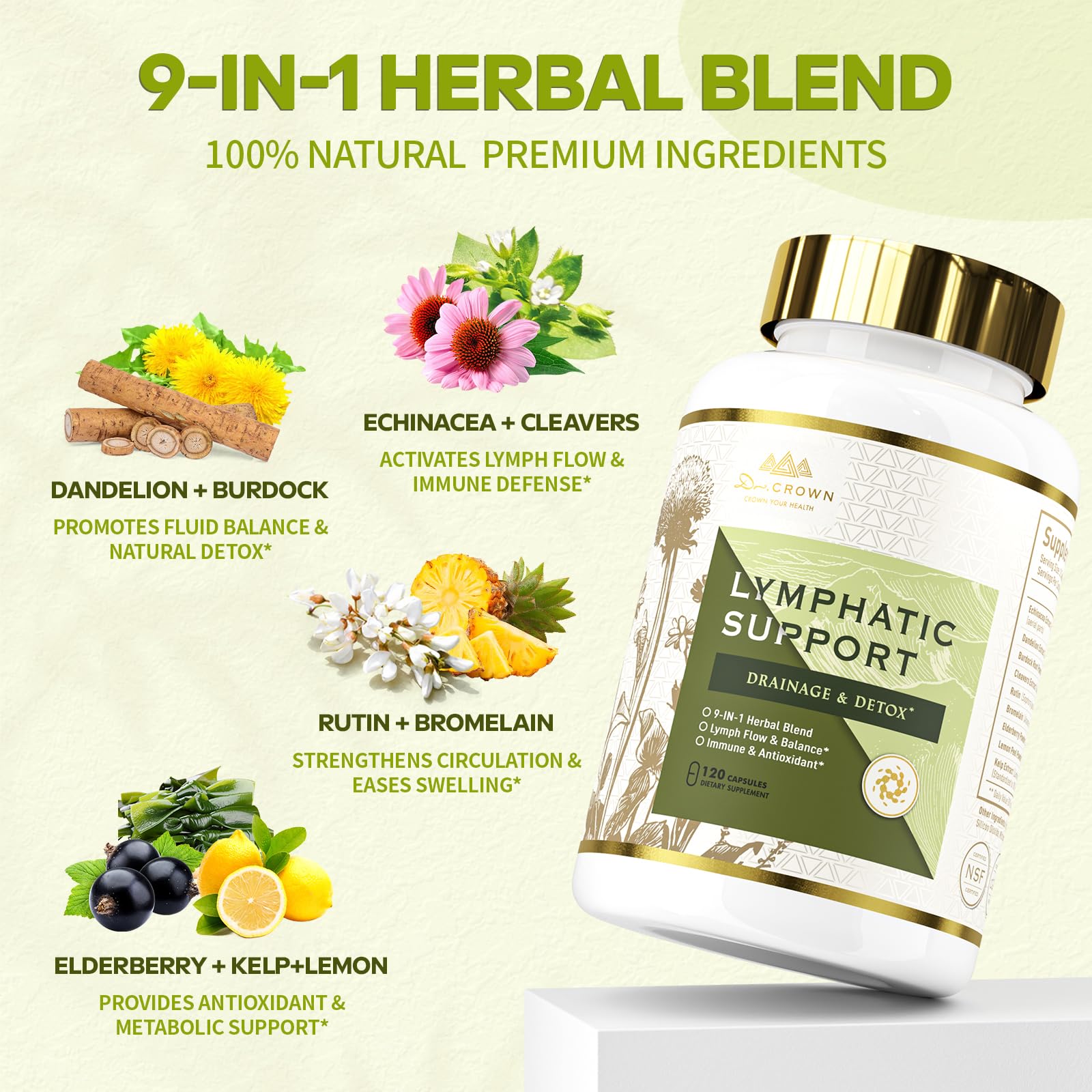 DR. CROWN ingredientes naturales: diente de león y bardana para apoyo depurativo y linfático