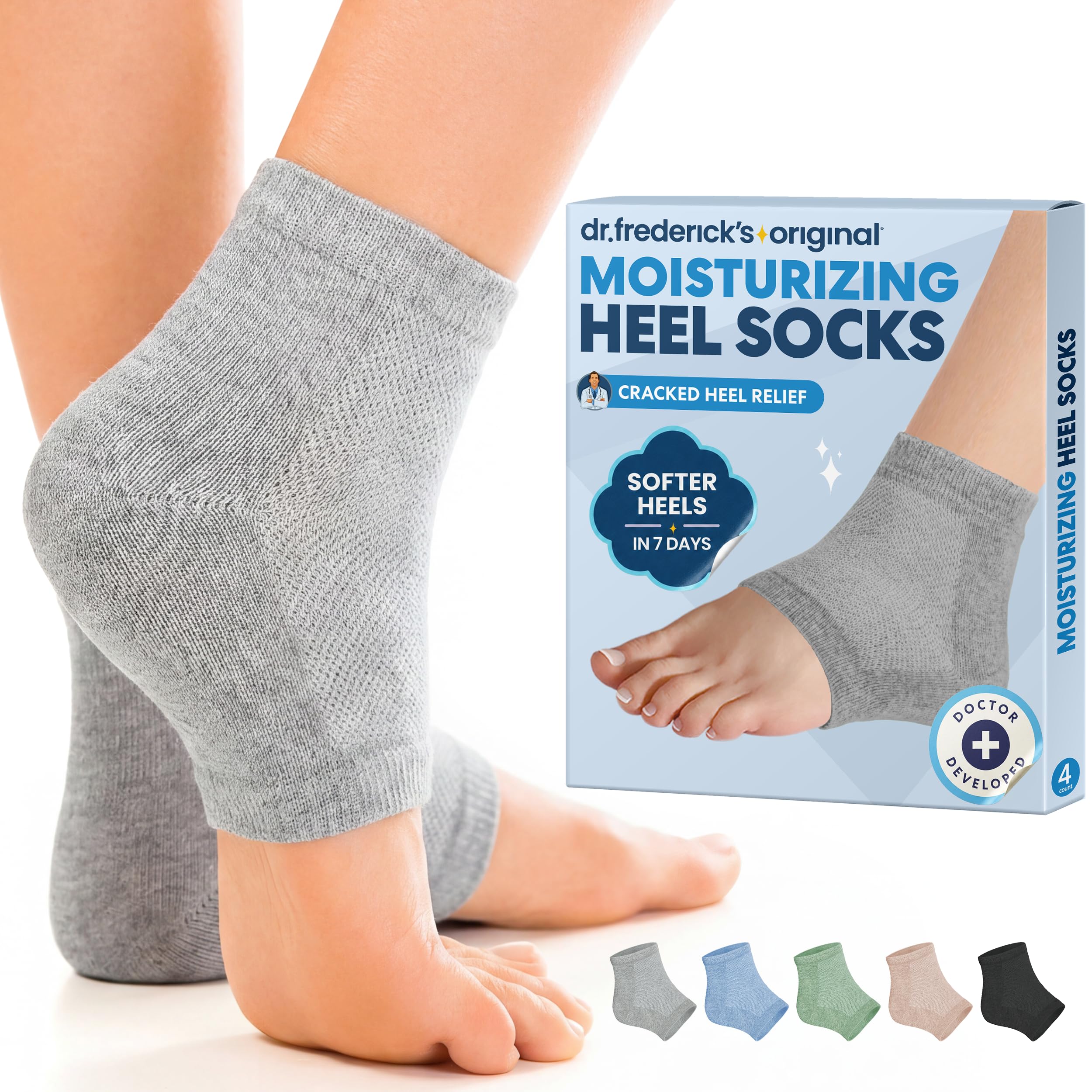 Dr. Frederick's calcetines talones frente muestra paquete y diseño cómodo