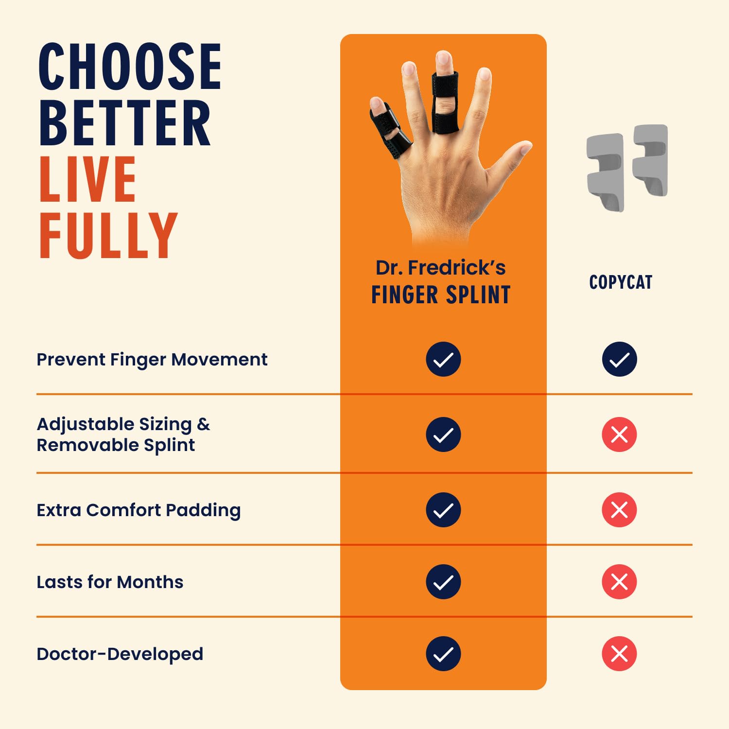Dr. Frederick's comparación de tamaño con mano para elegir talla correcta
