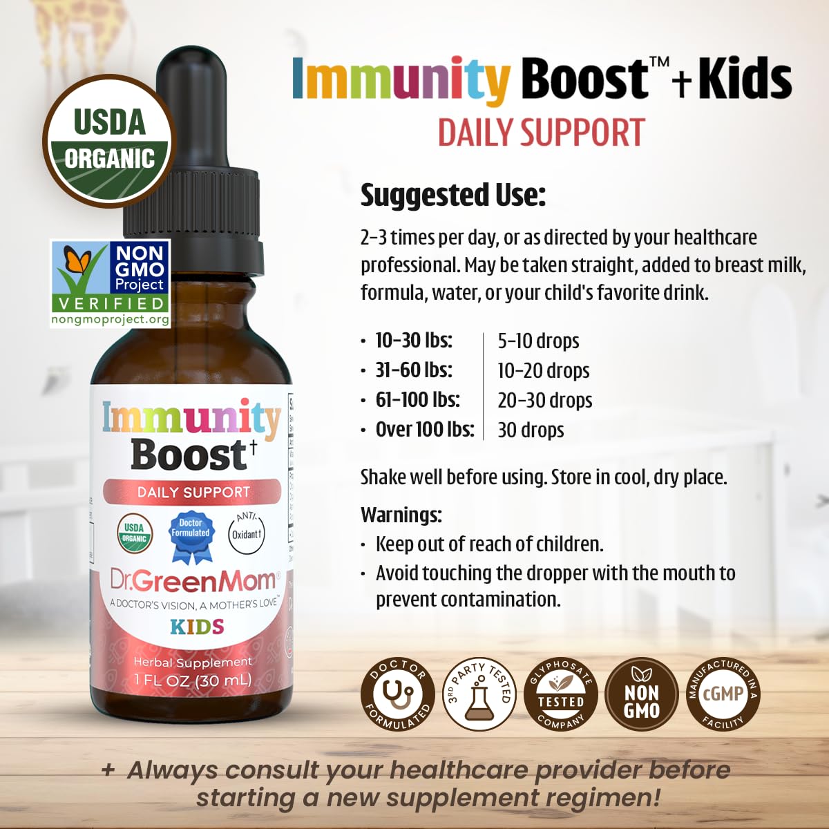 Dr. Green Mom cuentagotas dosificando gotas precisas para niños