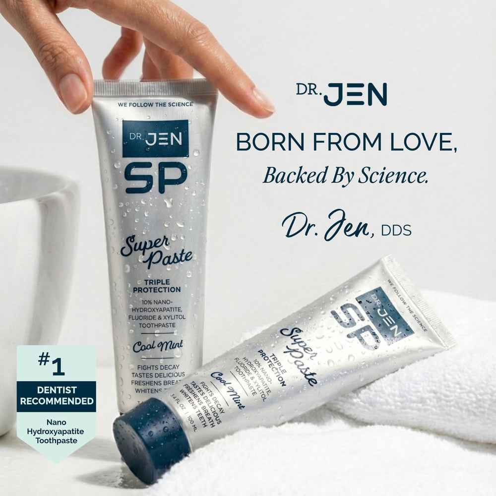 Dr Jen pasta dental en baño moderno sugiriendo uso cotidiano y estilo