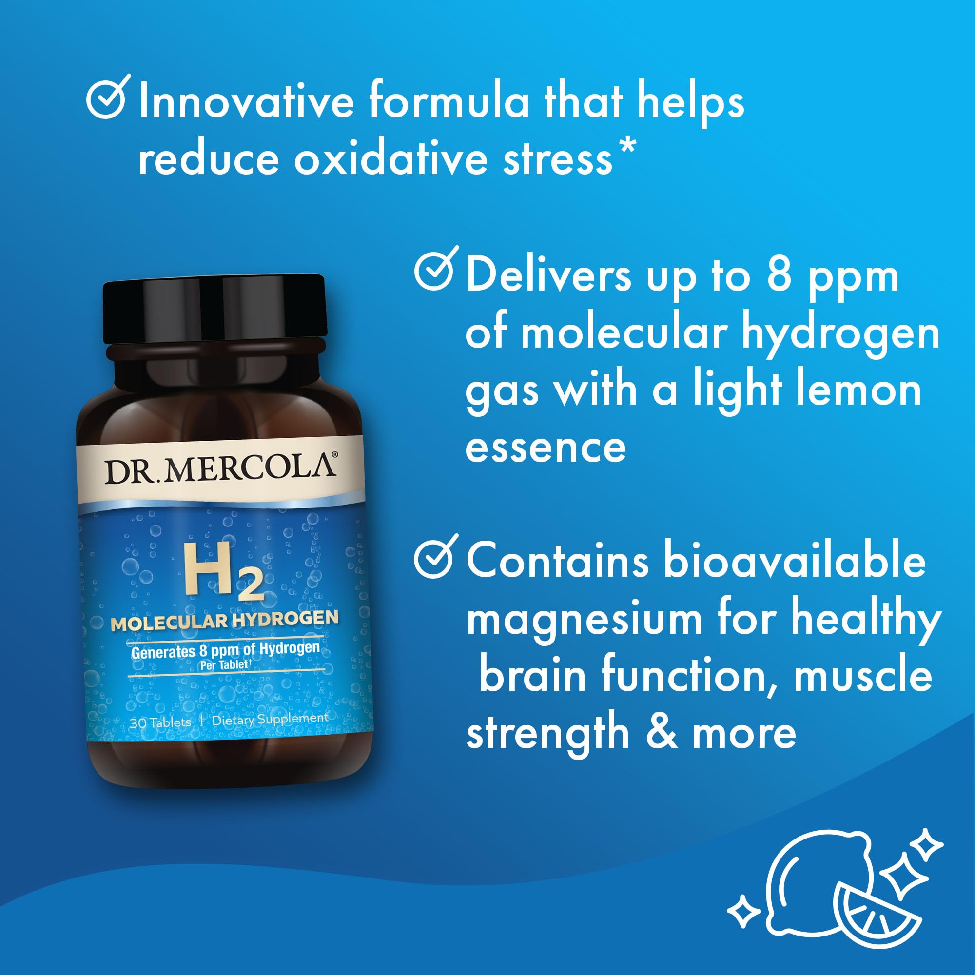 Dr. Mercola vaso con agua preparada y burbujas listo para consumo inmediato