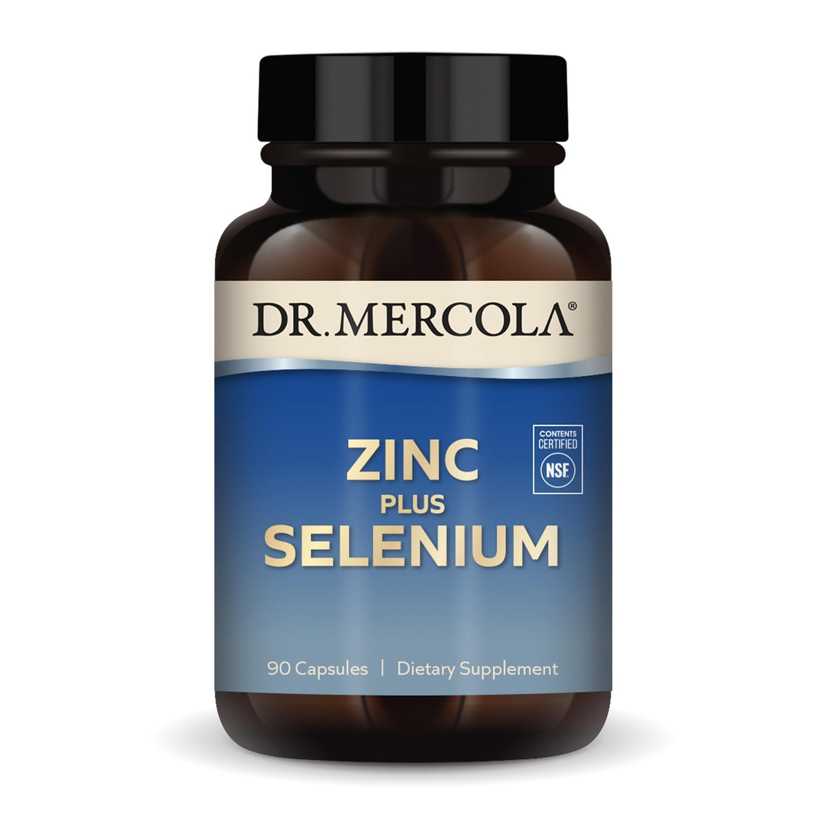 Dr. Mercola frasco frontal mostrando zinc y selenio y diseño claro
