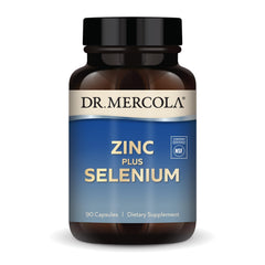 Dr. Mercola frasco frontal mostrando zinc y selenio y diseño claro