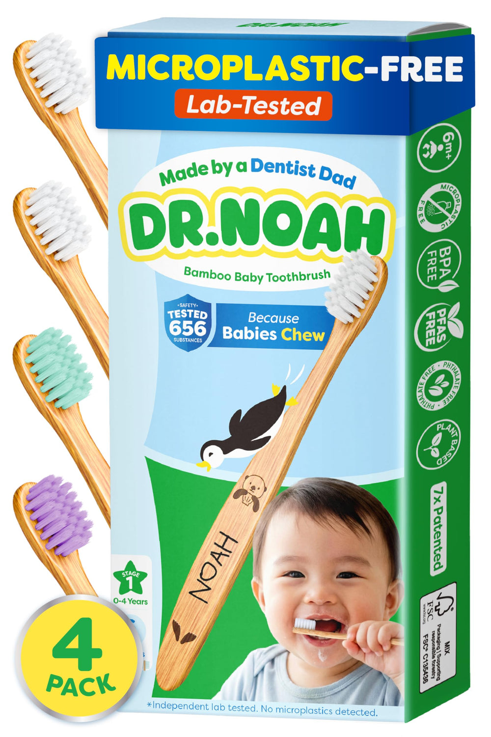 Dr. Noah vista frontal del pack de 4 cepillos, alternativa segura
