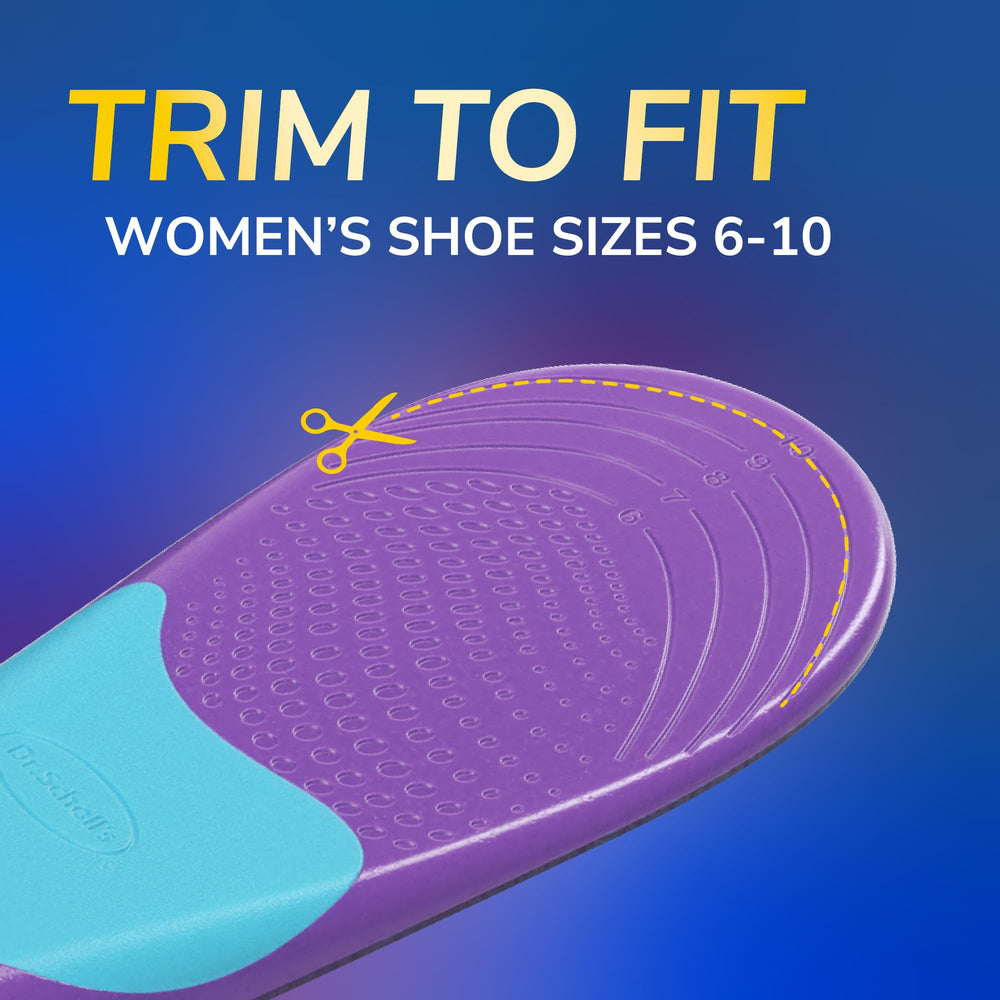 Dr. Scholl's guía de medida y tijeras indicando cómo recortar correctamente