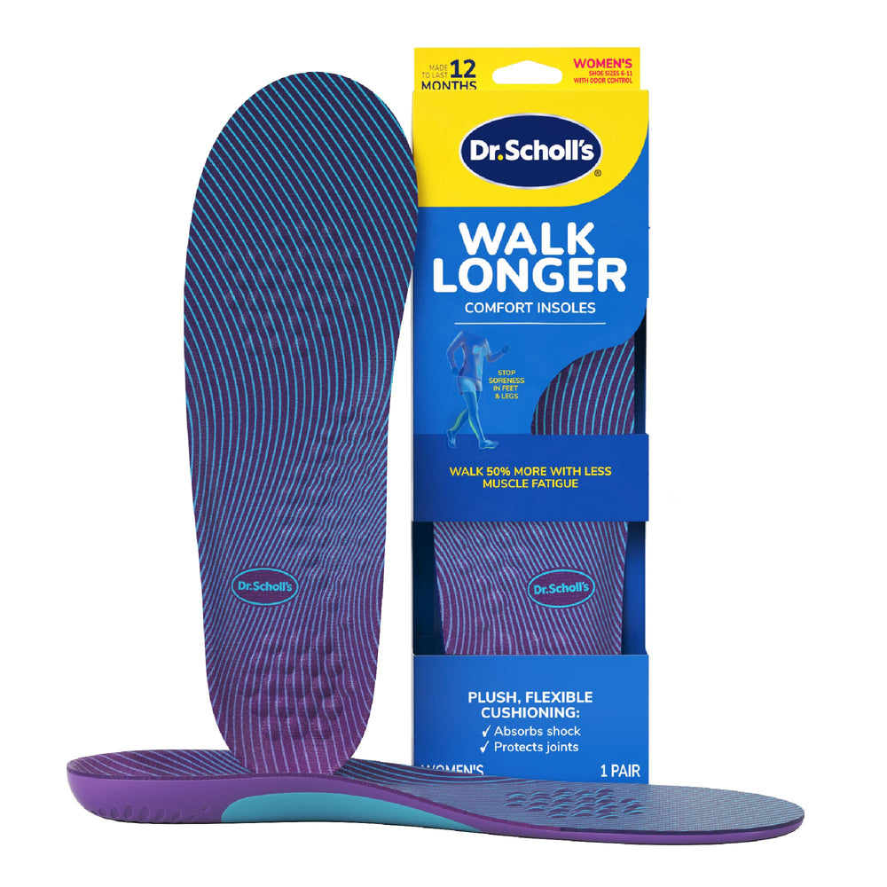 Dr. Scholl's empaque frontal mostrando plantillas y beneficios de confort
