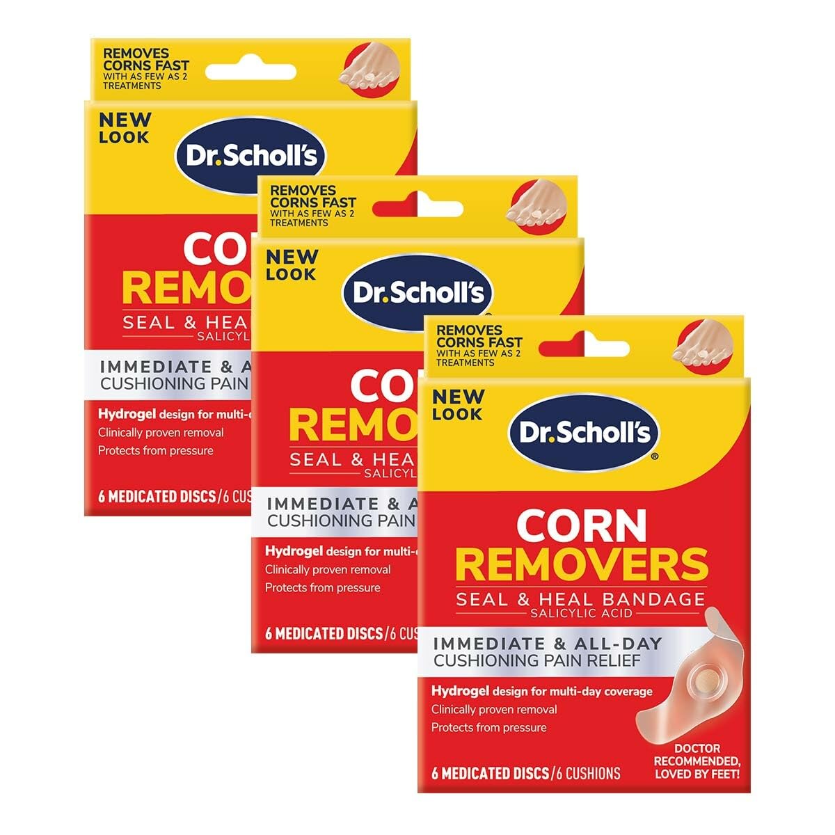 Dr. Scholl's empaque frontal mostrando 18 parches y beneficios visibles