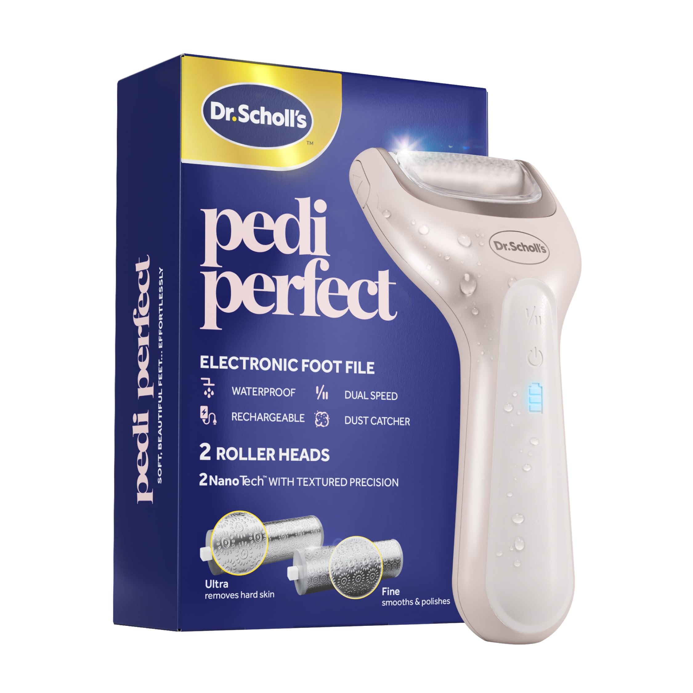 Dr. Scholl's dispositivo frontal mostrando diseño y beneficio de control