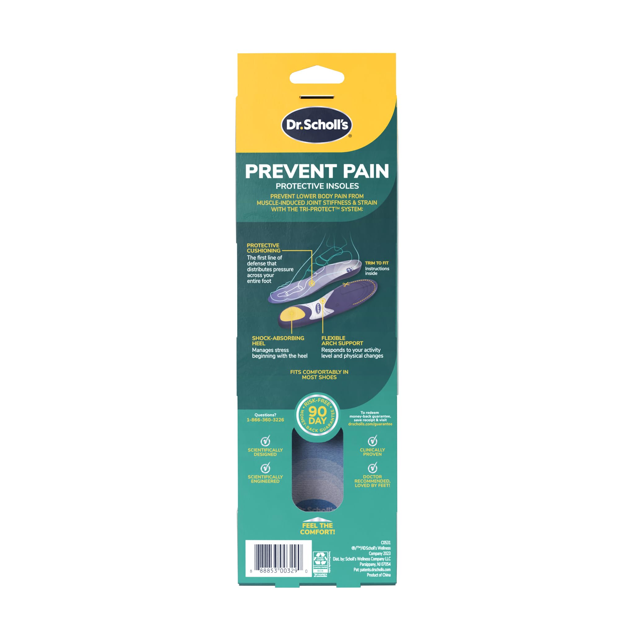 Dr. Scholl's etiqueta Tri-Protect mostrando combinación de soporte, amortiguación y absorción
