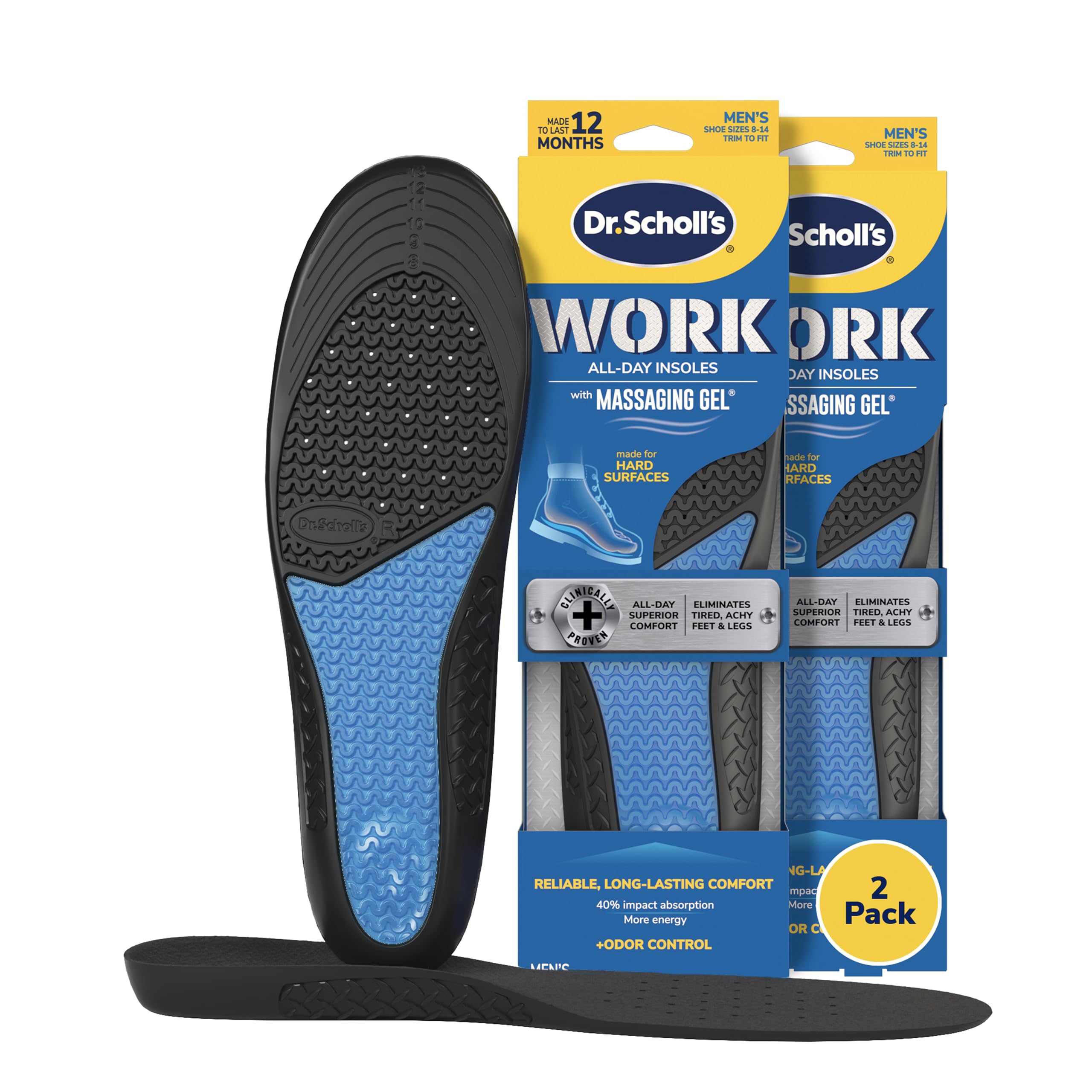 Dr. Scholl's vista frontal del empaque mostrando beneficio amortiguación