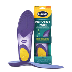 Dr. Scholl's vista frontal del embalaje mostrando la plantilla y beneficio de prevención
