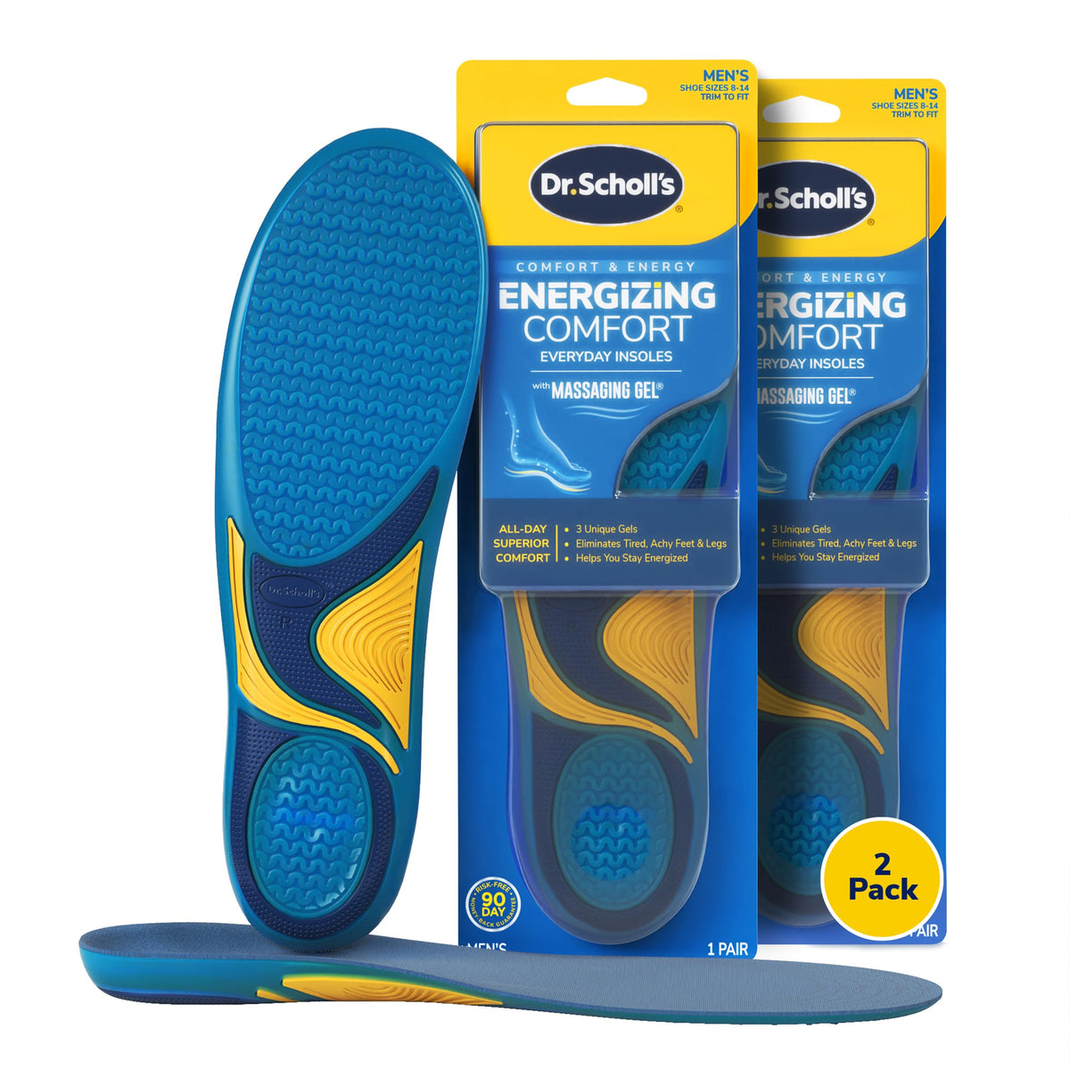 Dr. Scholl's frente del paquete mostrando dos pares y beneficios de confort