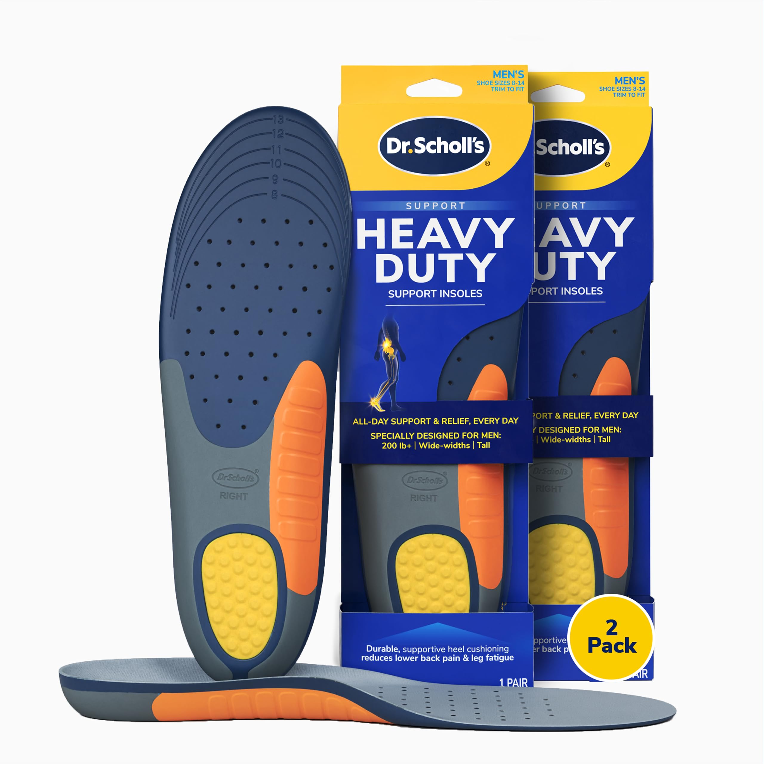 Dr. Scholl's envase frontal mostrando dos pares y beneficios de soporte