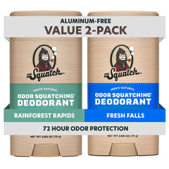Dr. Squatch desodorante pack frontal mostrando Rainforest Rapids y Fresh Falls, protección natural