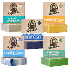 Dr. Squatch frente del empaque mostrando el paquete de cinco barras y variedad de aromas