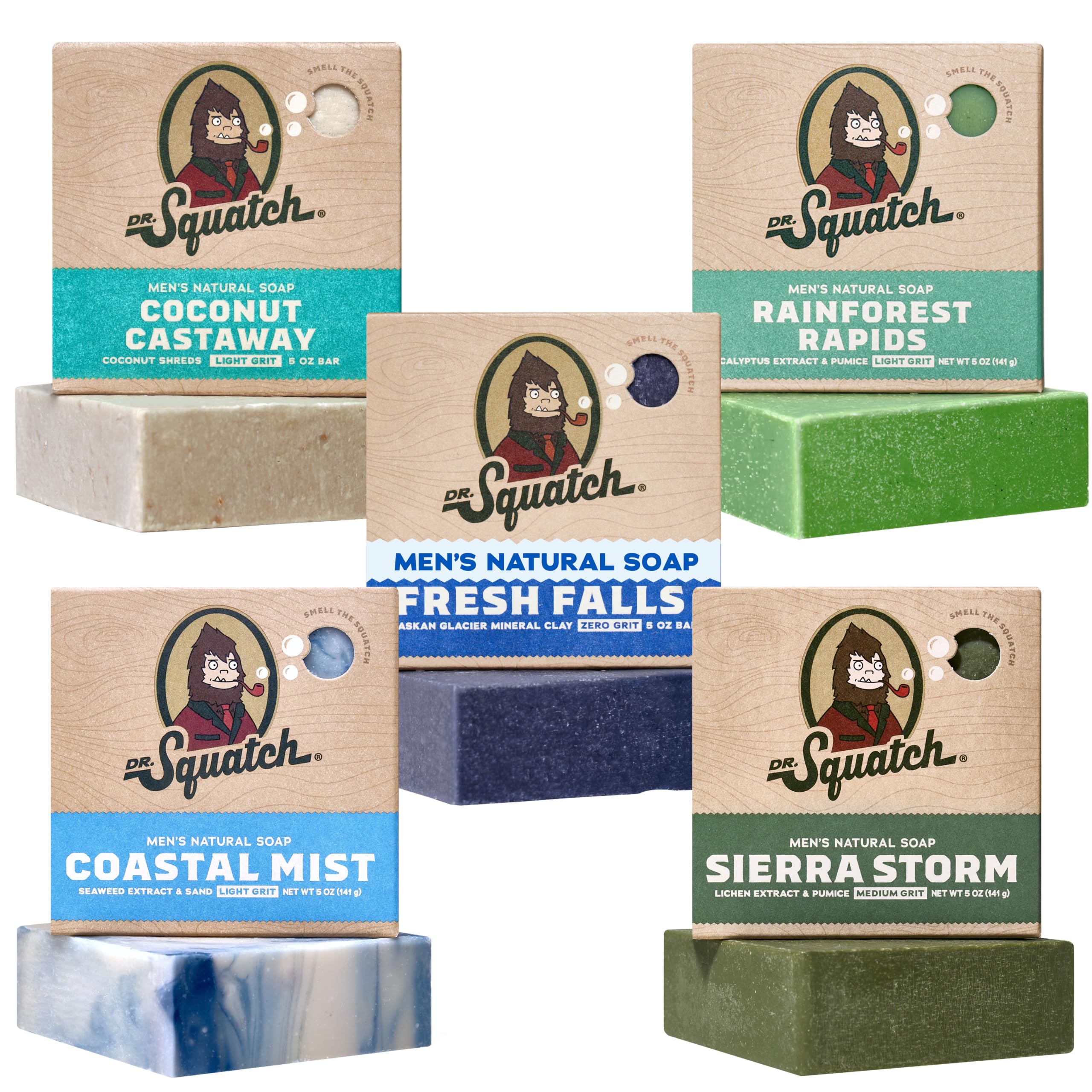Dr. Squatch pack frente con cinco barras, variedad de aromas y regalo práctico
