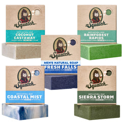 Dr. Squatch pack frente con cinco barras, variedad de aromas y regalo práctico