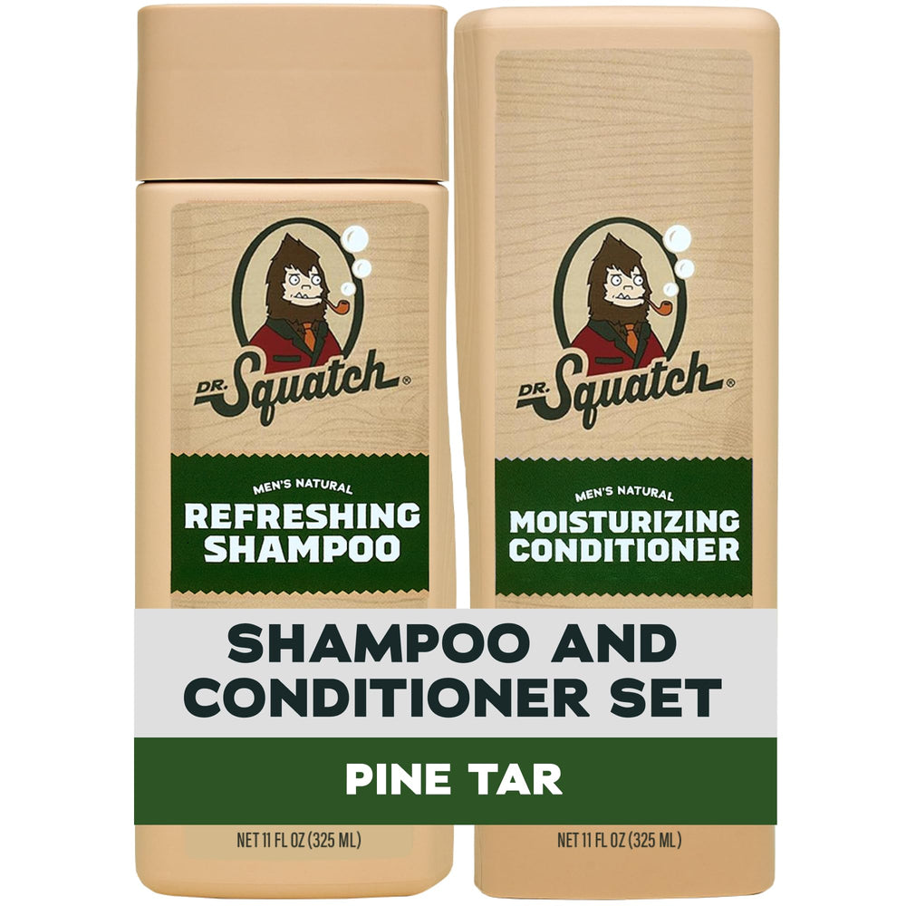 Dr. Squatch frontal packaging Pine Tar mostrando botella y beneficios