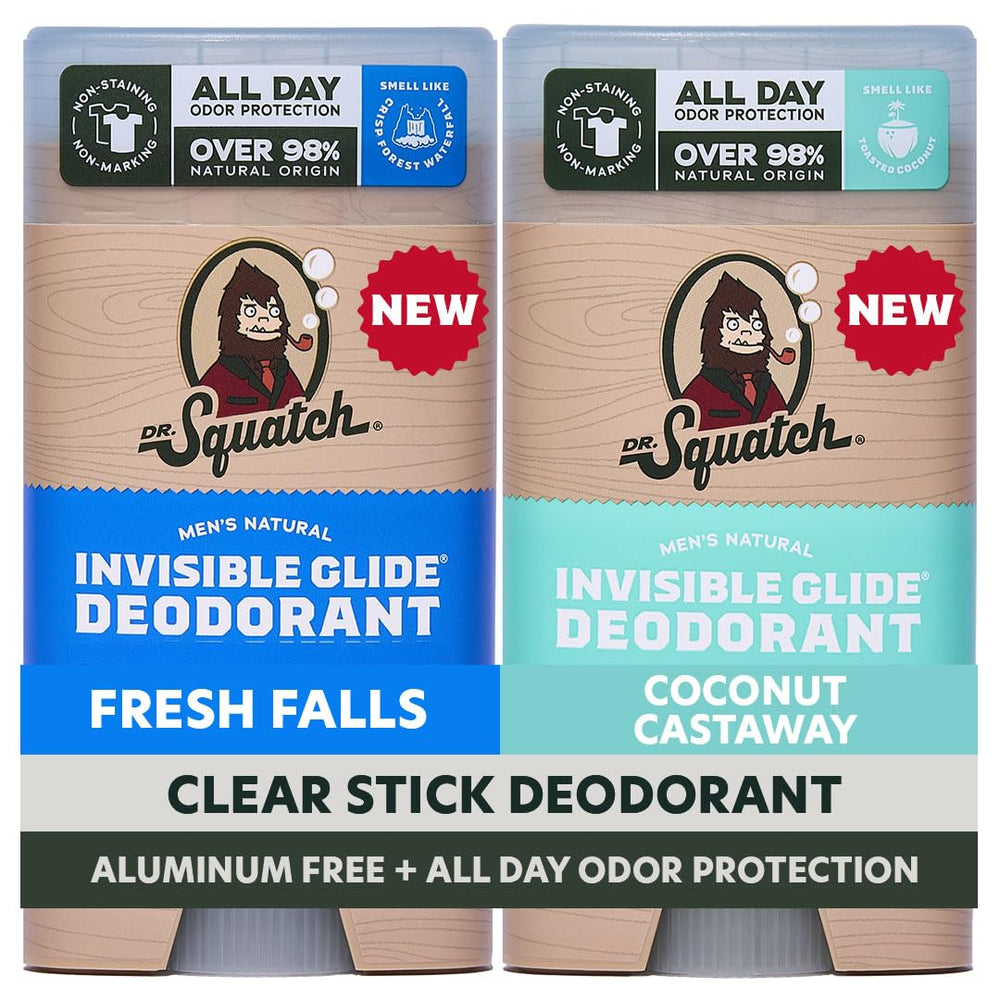 Dr. Squatch pack frontal mostrando Fresh Falls y Coconut Castaway para frescura sin manchas