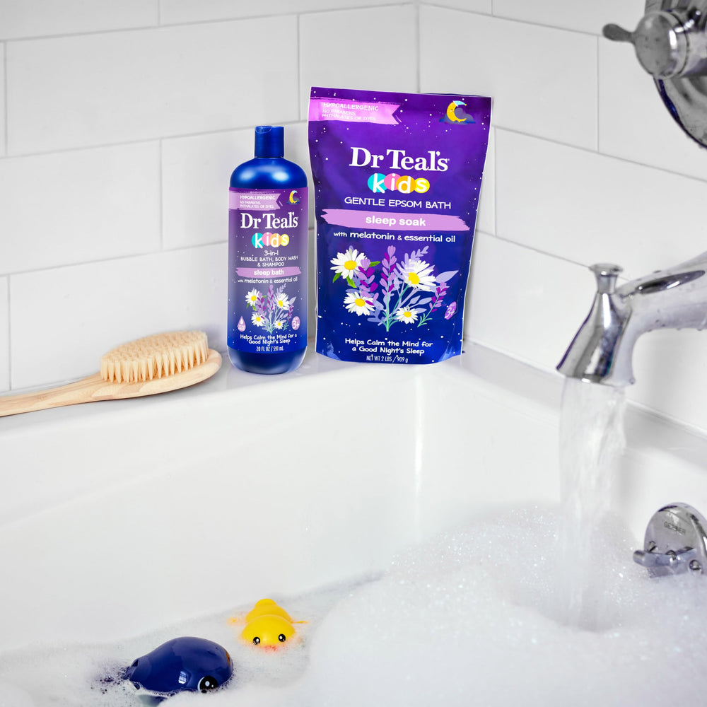 Dr Teal's burbujas abundantes en bañera fomentando juego calmado