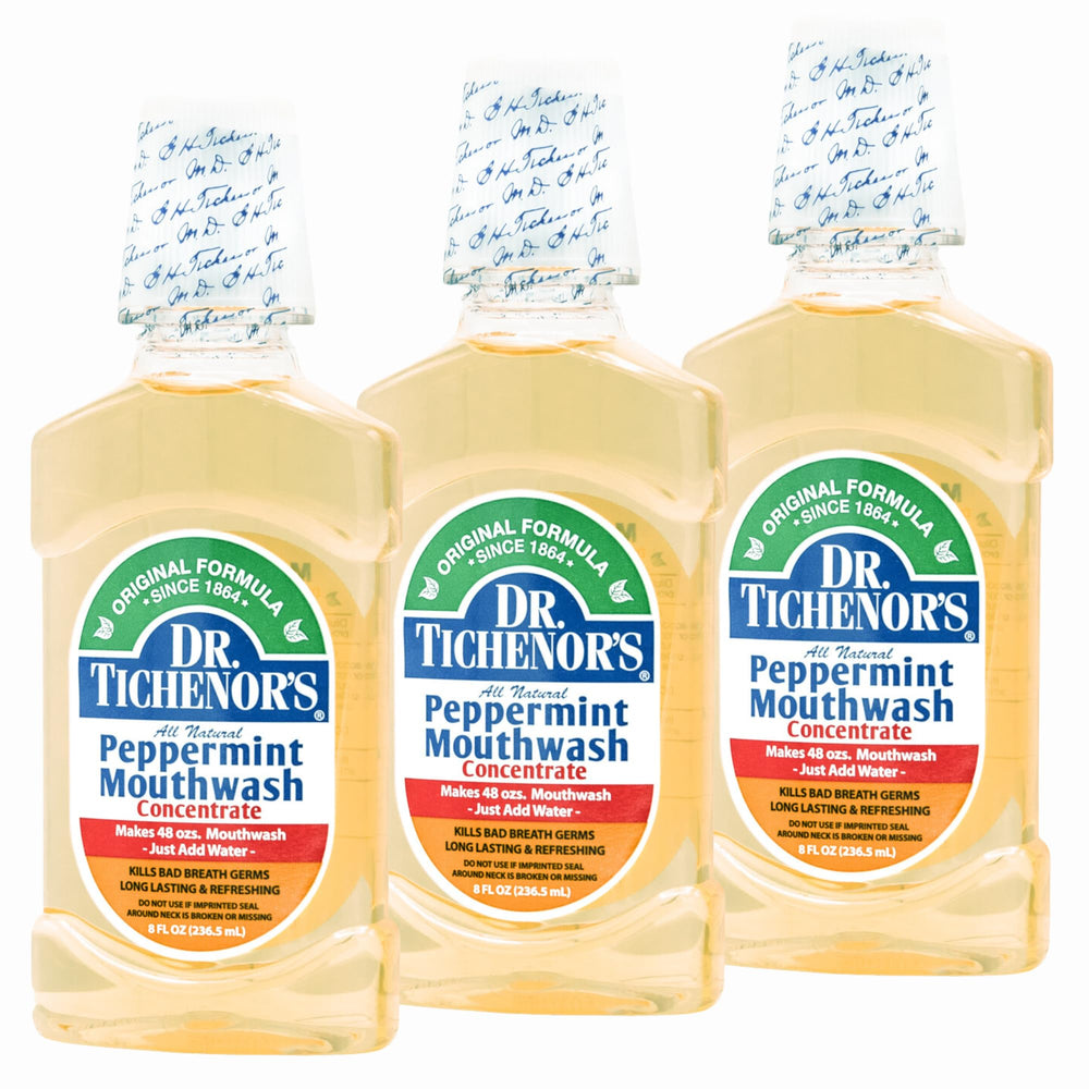 Dr. Tichenor's frontal del envase mostrando la botella y etiqueta clara
