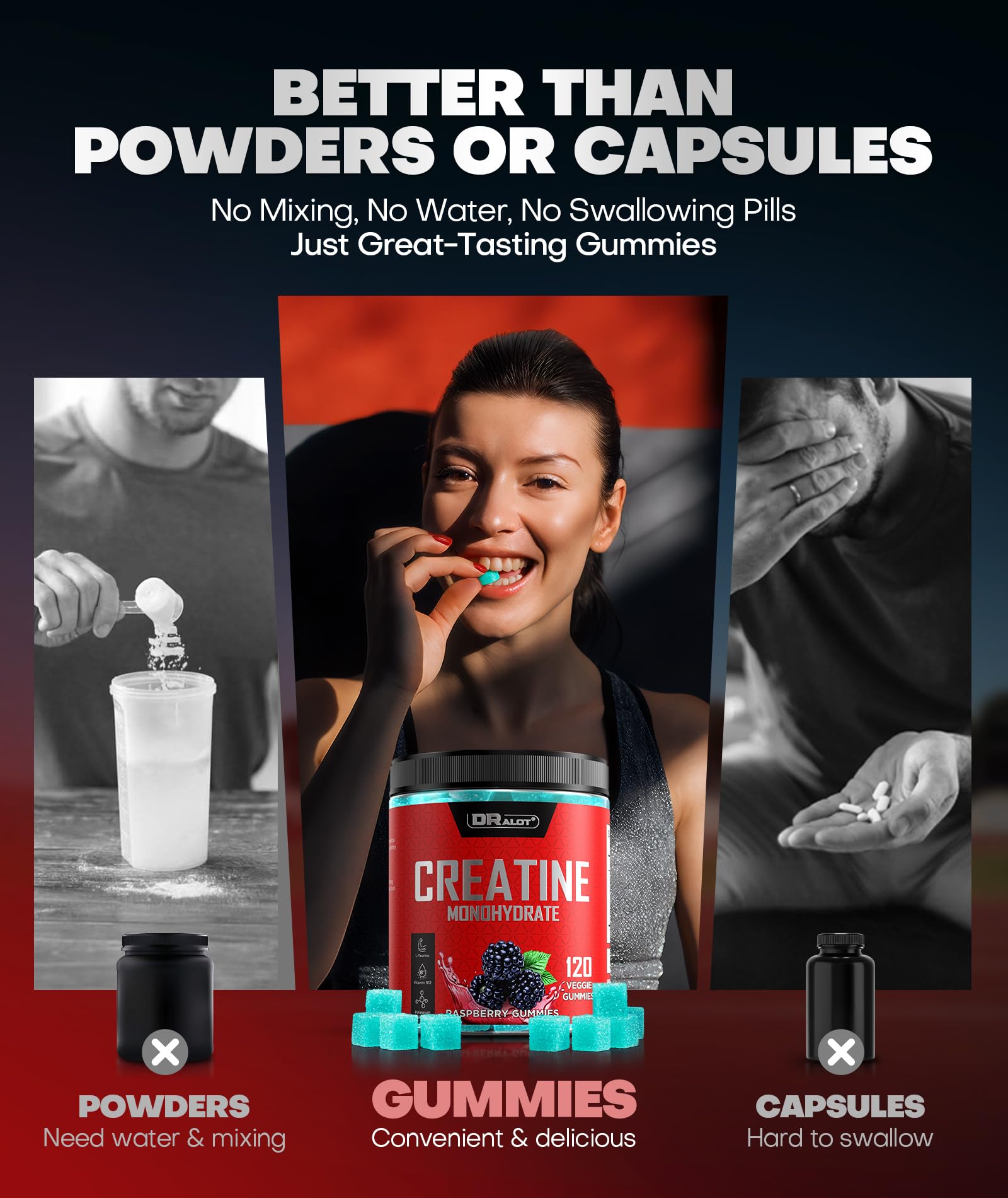 Dralot Nutrition cuatro gominolas sobre palma indicando la dosis diaria