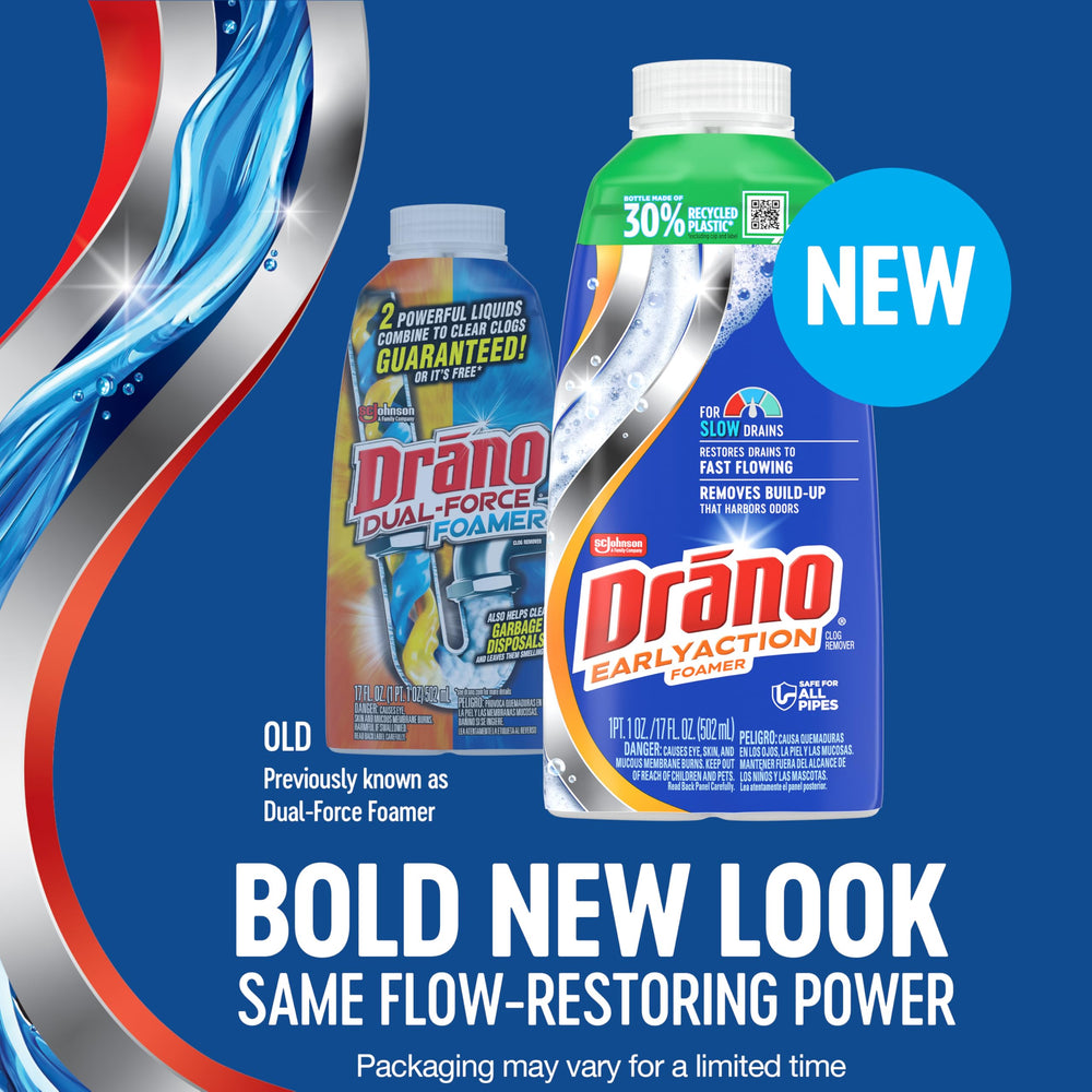 Drano etiqueta con instrucciones claras y beneficios visibles
